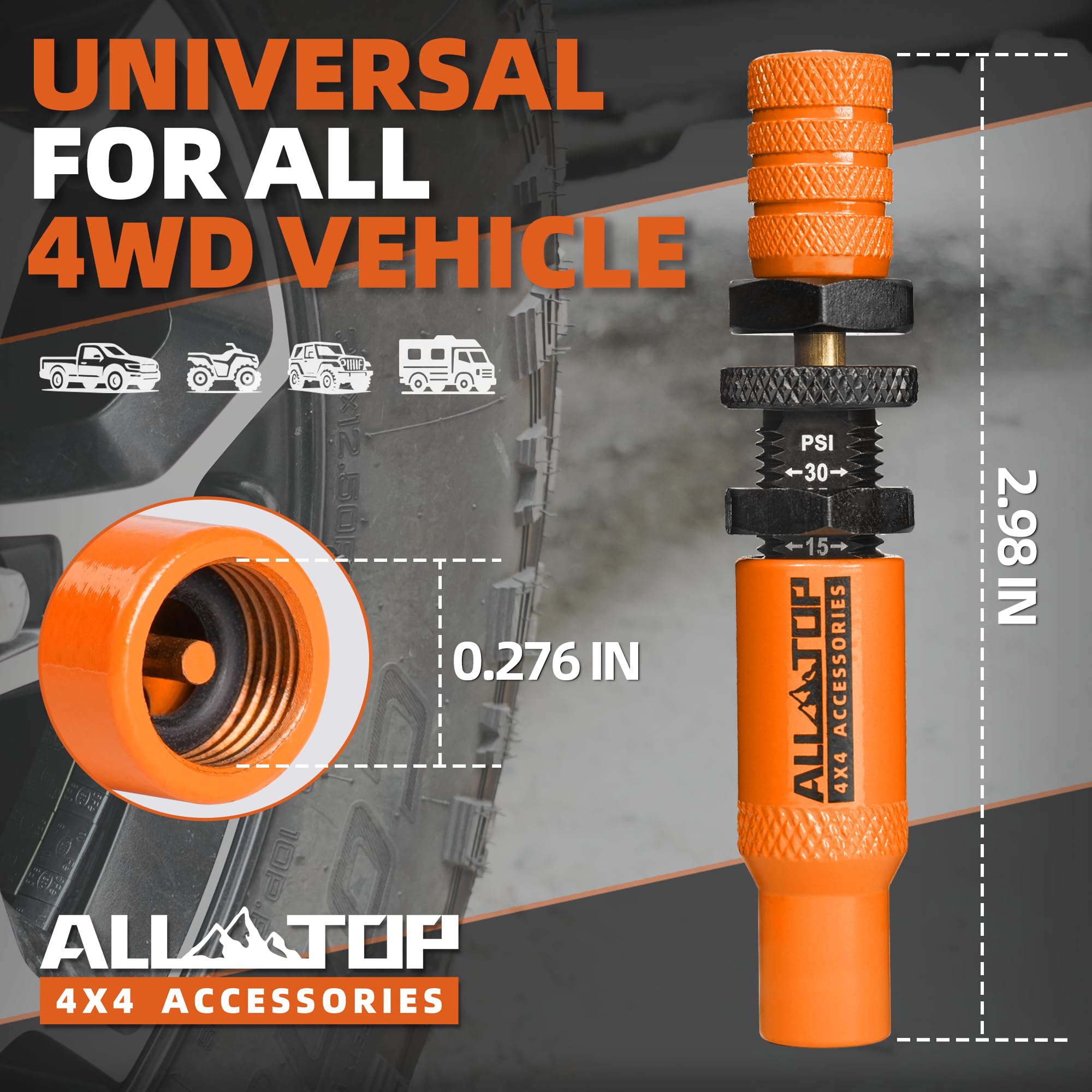 ALL-TOP Kit valvola di sgonfiaggio pneumatici automatica regolabile (10 – 30 psi), 4 pezzi, strumento avvitabile per pneumatici, con 4 tappi per valvole di riserva, per fuoristrada 4x4 (2a generazione