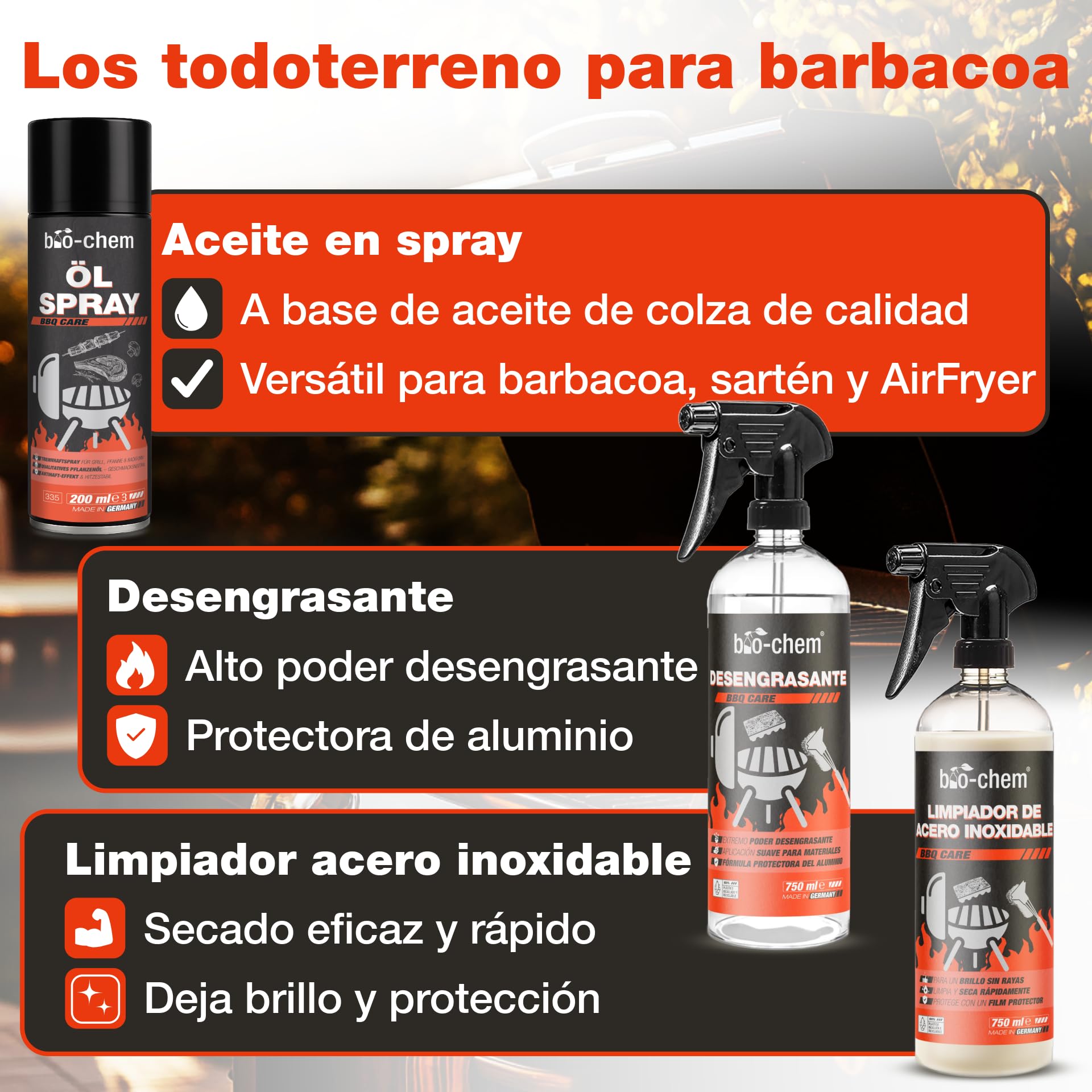 Bio-Chem - Kit Limpieza Barbacoa con pulverizador de Espuma 9 pz: Limpiador Resina 0,5L - Desengrasante Superficies BBQ 750ml - Spray per INOX 750ml - Spray di Aceite 200ml - con Accesorios