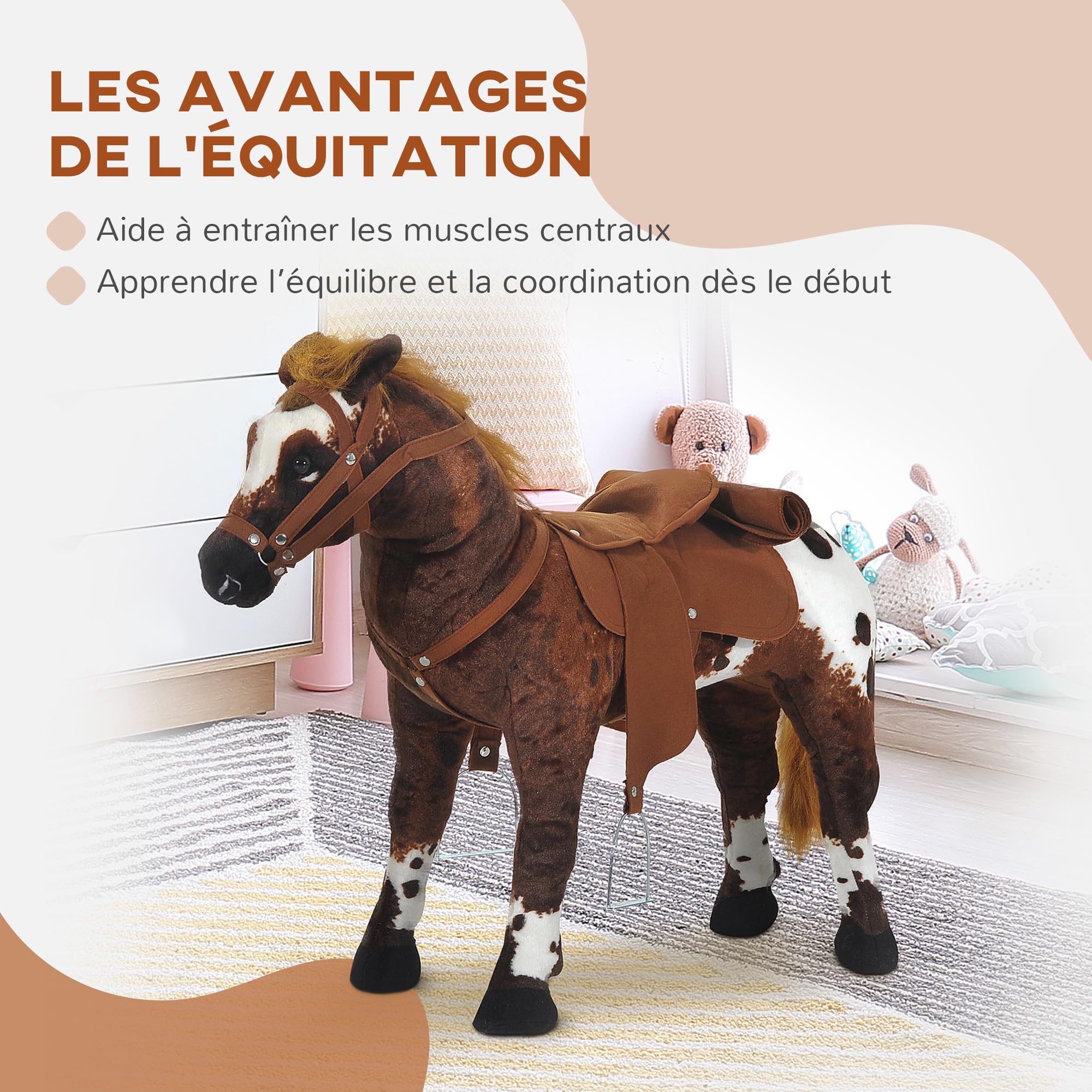 HOMCOM Cheval Debout en Peluche Effets Sonores 85L x 28l x 60H Marron Blanc