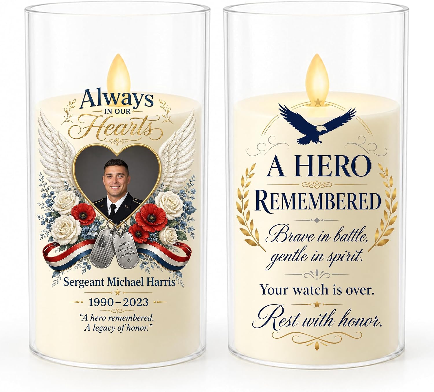 Personalized Military Memorial Candle with Photo, Honor Their Service Tribute Flameless Candle with Custom Name Dates, Fallen Soldier Remembrance Gift, In Loving Memory LED Keepsake for Family