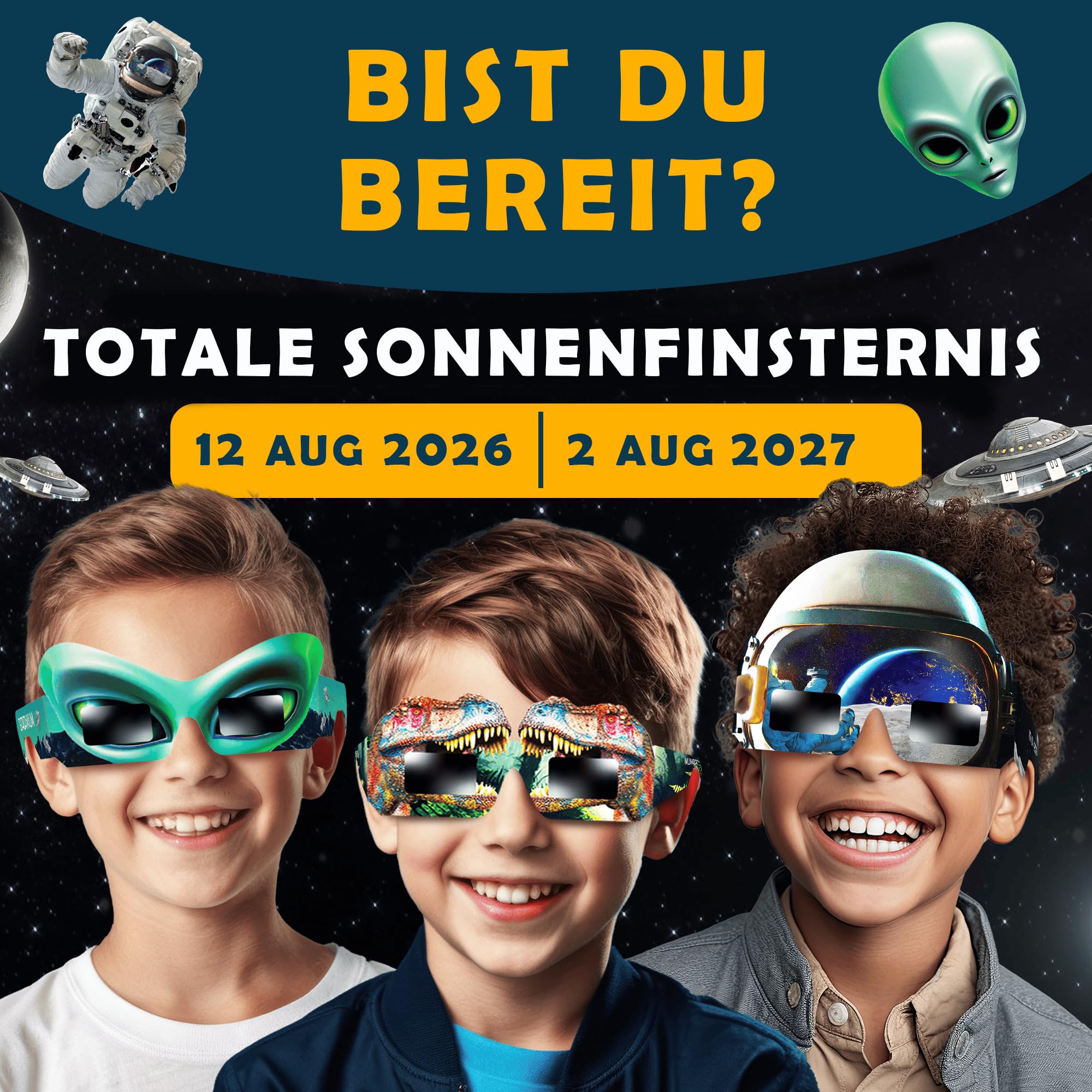 Galaxium Solar Eclipse Glasses Kids 2026 - [12 Pack] Mix Alien & Astronaut & Dinosaur Design - AAS Approved - ISO 12312-2 & CE Certfied - Boys Solar Eclipse Viewing Glasses