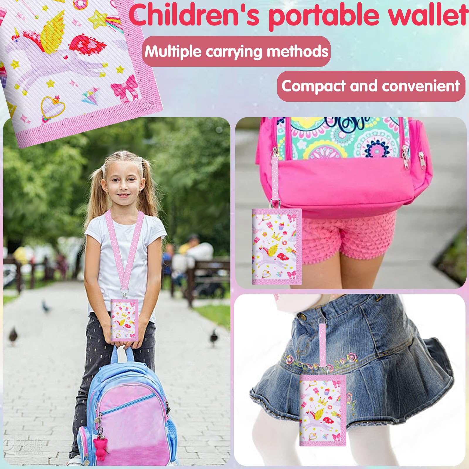 LUKIUP Portfel dziecięcy, mini portmonetka, torebka na piersi dla dziewcząt, potrójnie składany portfel, z zapięciem na rzepy, sznurkiem do ściągania, przegródką na banknoty i przegródką na monety z