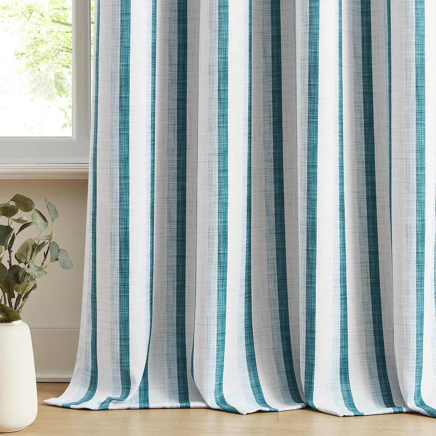 Metro Parlor Teal Boho Vertical Striped Linen Blend Blackout Curtains 84 Inches Long Blue Farmhouse Thermal Insulated Grommet Treatments for Bedroom Living Room, 2 Panels 52" W