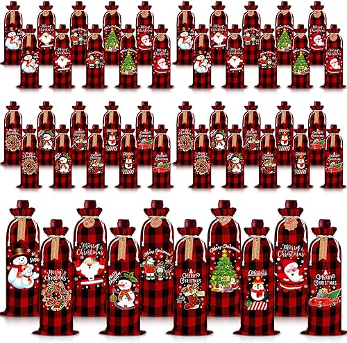 Windyun 50 bolsas de regalo de vino de arpillera de Navidad, búfalo de Navidad a cuadros y color sólido, bolsas para botellas de vino con etiquetas