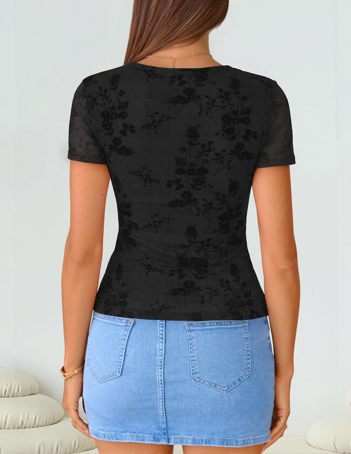 ZESICA Summer Floral Short Sleeve Tops for Womens 2026 Casual Crew Neck Going Out Mesh Shirts Fashion Clothes - Image 3