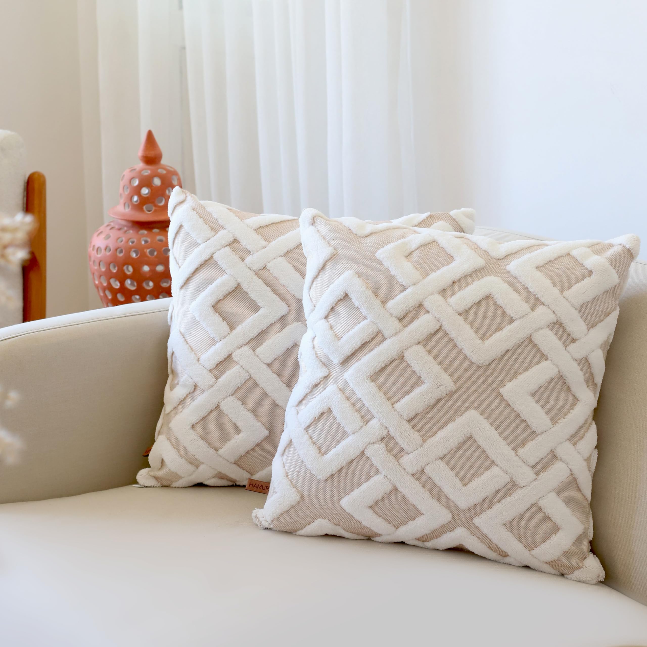 HAMUR HOME Pack of 2 Decorative Throw Pillow Covers Square Cushion Case Set Punch-Look Pillowcases for Couch Sofa Bedroom Living Room Car (Mila, 22x22, Beige)