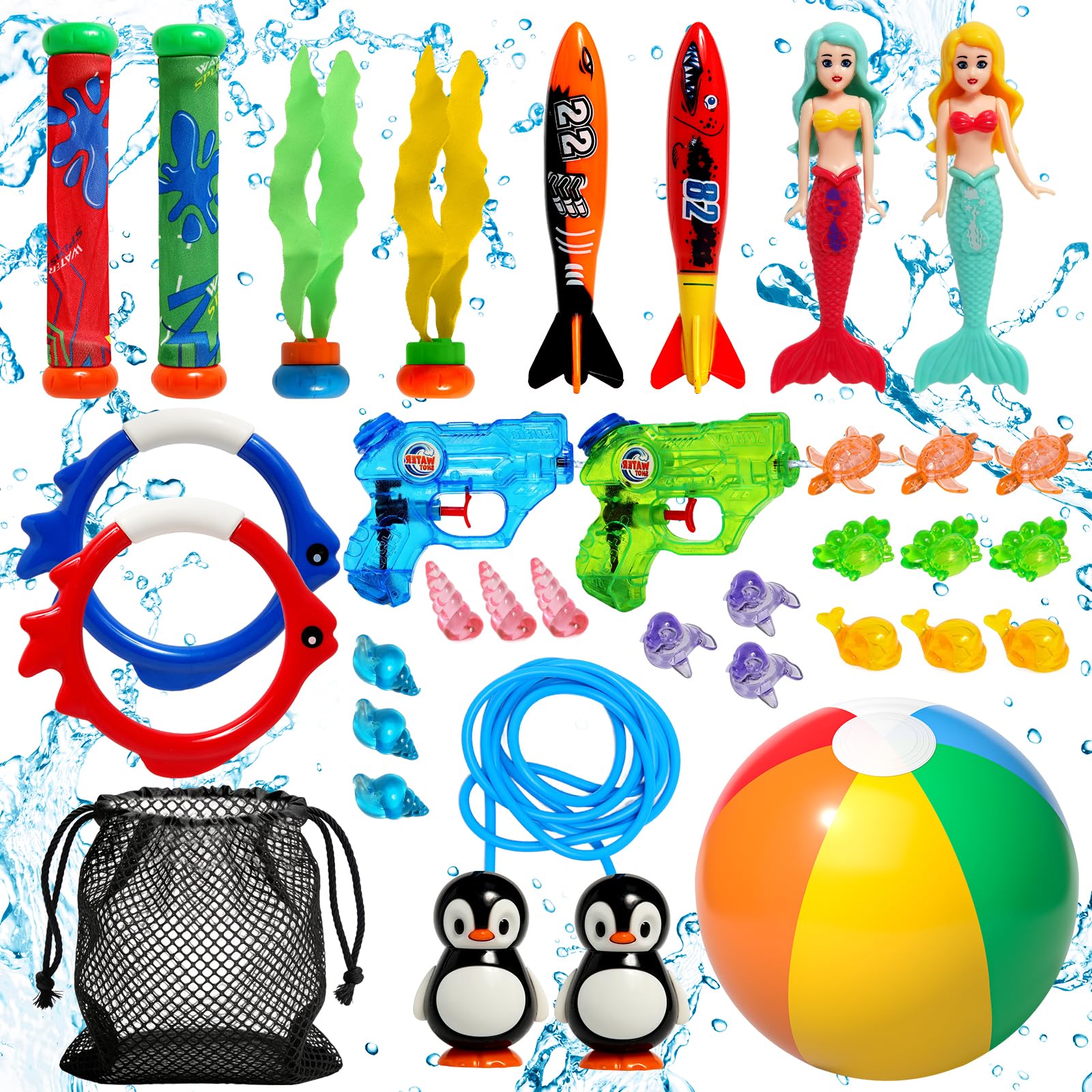 Pool Tauchspielzeug für Kinder, 32Pcs Schwimmbad Spielzeug Set, Wasserspielzeug Kinder Inklusive Pool Senker,Tauchringe,Wasserpistole und Strandball, Sommer für Kinders ab 3 4 5 6 7 8 9 10 11 12
