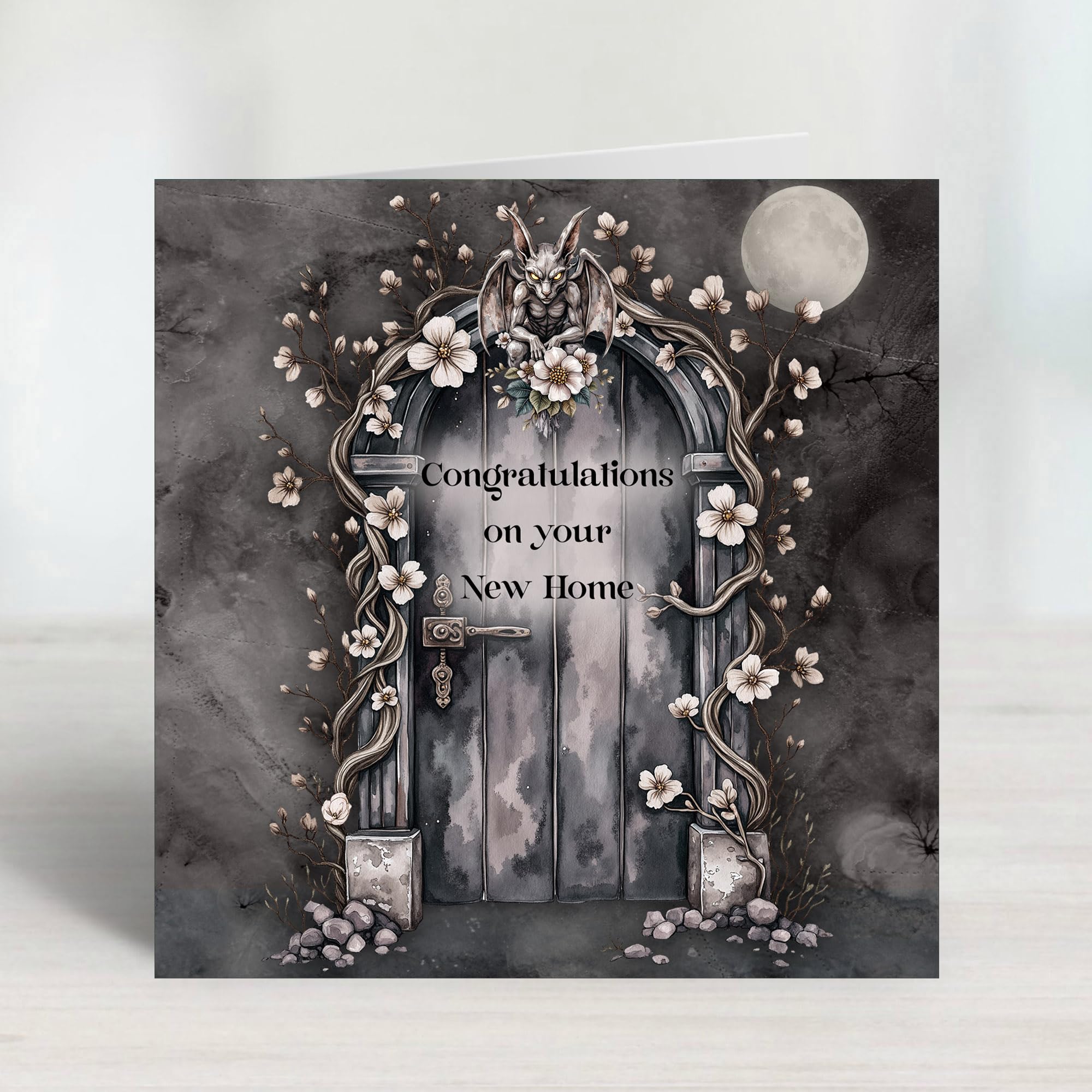 Gothic Grey Gargoyle New Home Greeting Card Unique Dark Fantasy Housewarming Card Alternative Gothic New Home Gift