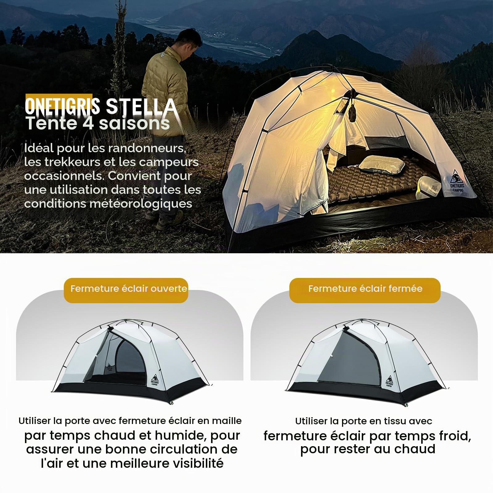OneTigris Stella Tente à dos pour 2 personnes, autoportante, légère, 3000 mm, étanche, 4 saisons, pour l'extérieur, la randonnée, l'alpinisme, noir