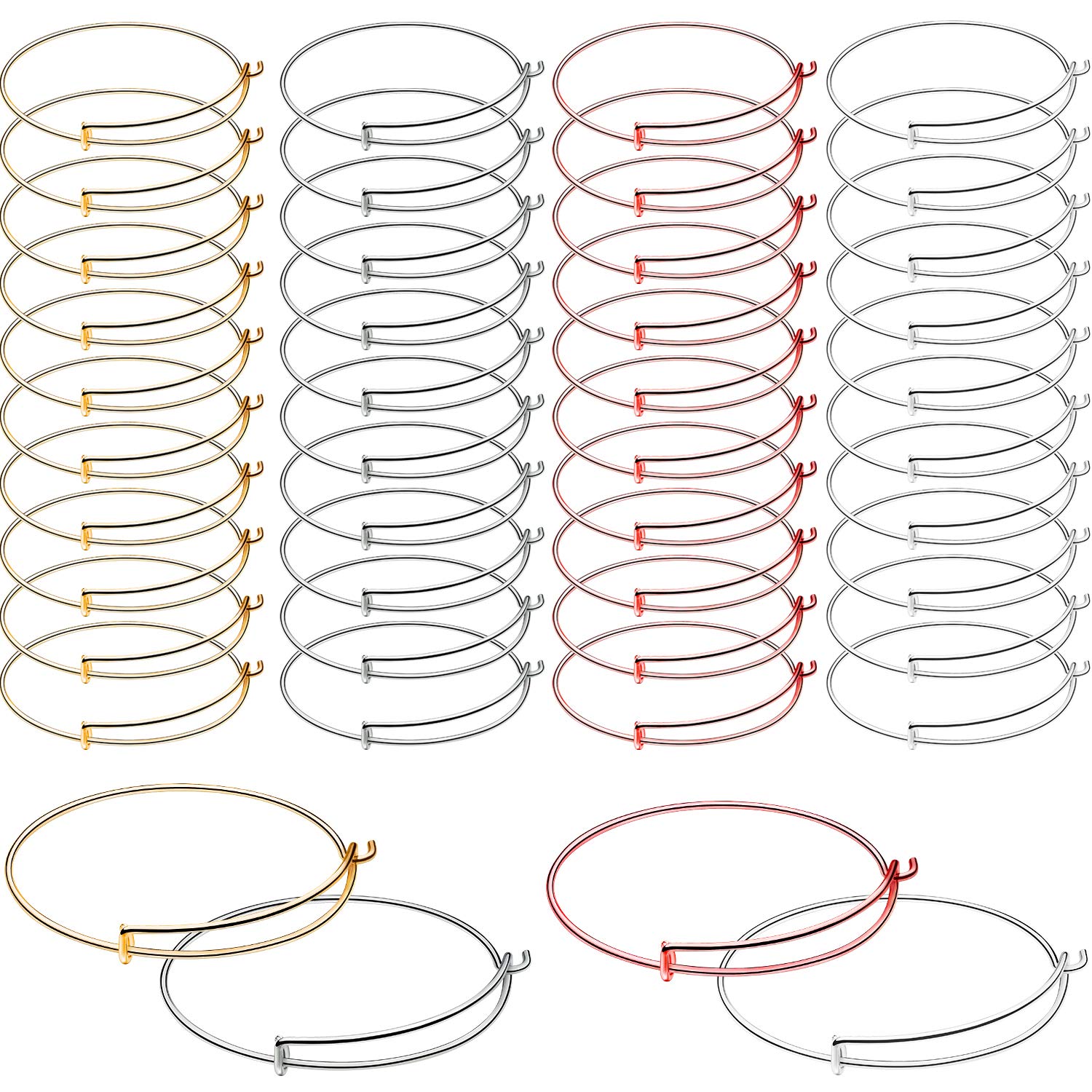 Expandable Bangle Bracelets Blank Bangle Adjustable Wire Blank Bracelets for Jewelry Making, Gold, Silvery, White K and Rose Gold (48 Pieces, Bangles Bracelets Style B)