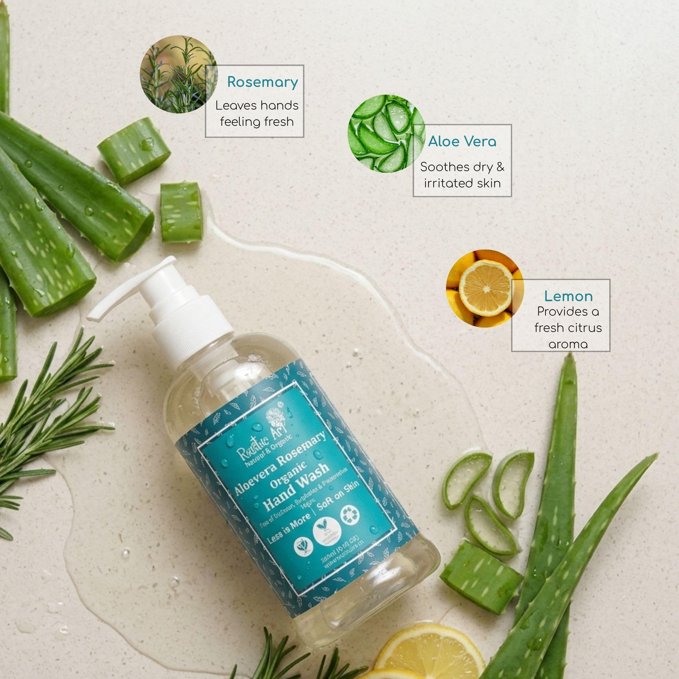 Rustic Art Organic Aloe Vera Rosemary Hand Wash | Natural, Vegan | Non-Drying, Hydrating | Sulphate & Paraben Free | 250ml 2