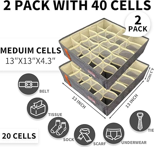 Miniatura 2 de Paquete de 2 separadores de cajones organizadores de calcetines, caja de almacenamiento plegable de 20 rejillas con asas para ropa interior,
