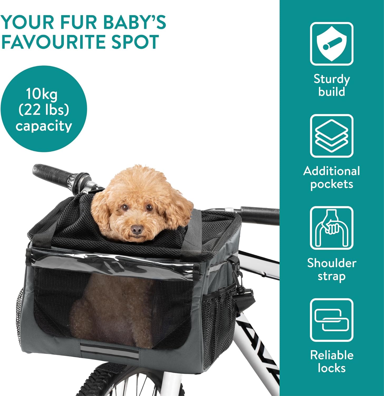 Navaris Pet Carrier for Bikes - Bike Basket Dog Carrier - Ideal Carriers for Small to Medium Dogs Up to 10kg (22lbs) - Drawstring Bag with Secure Locks and Strap - Grey