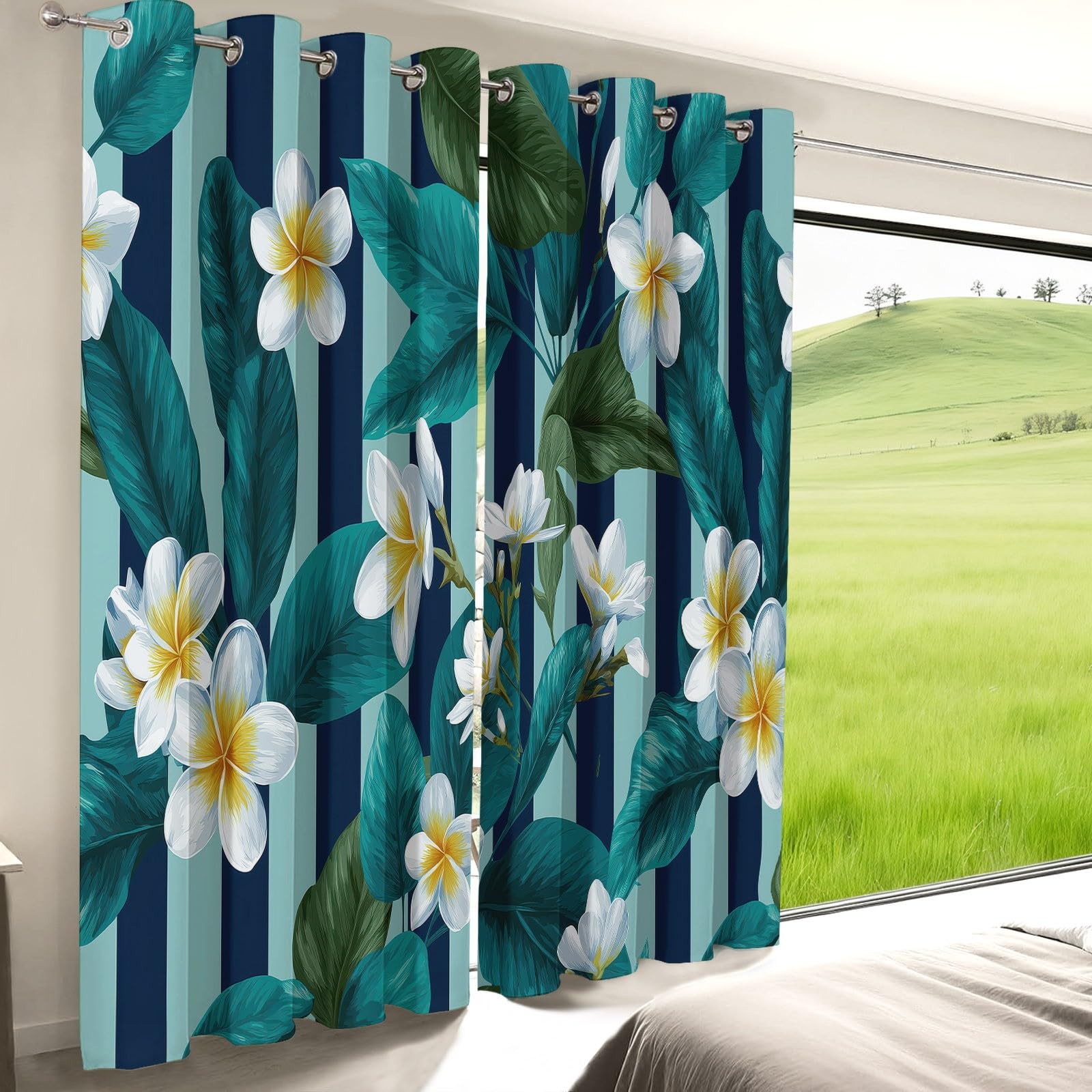 Bunt Blickdicht Vorhänge Wohnzimmer - Minimalistisch Streifen Tropisch Blumen Pflanzen Vorhänge mit Ösen Themovorhang Verdunkelungsvorhänge für Schlafzimmer Kinderzimmer, B75 x H166 cm 2er Set