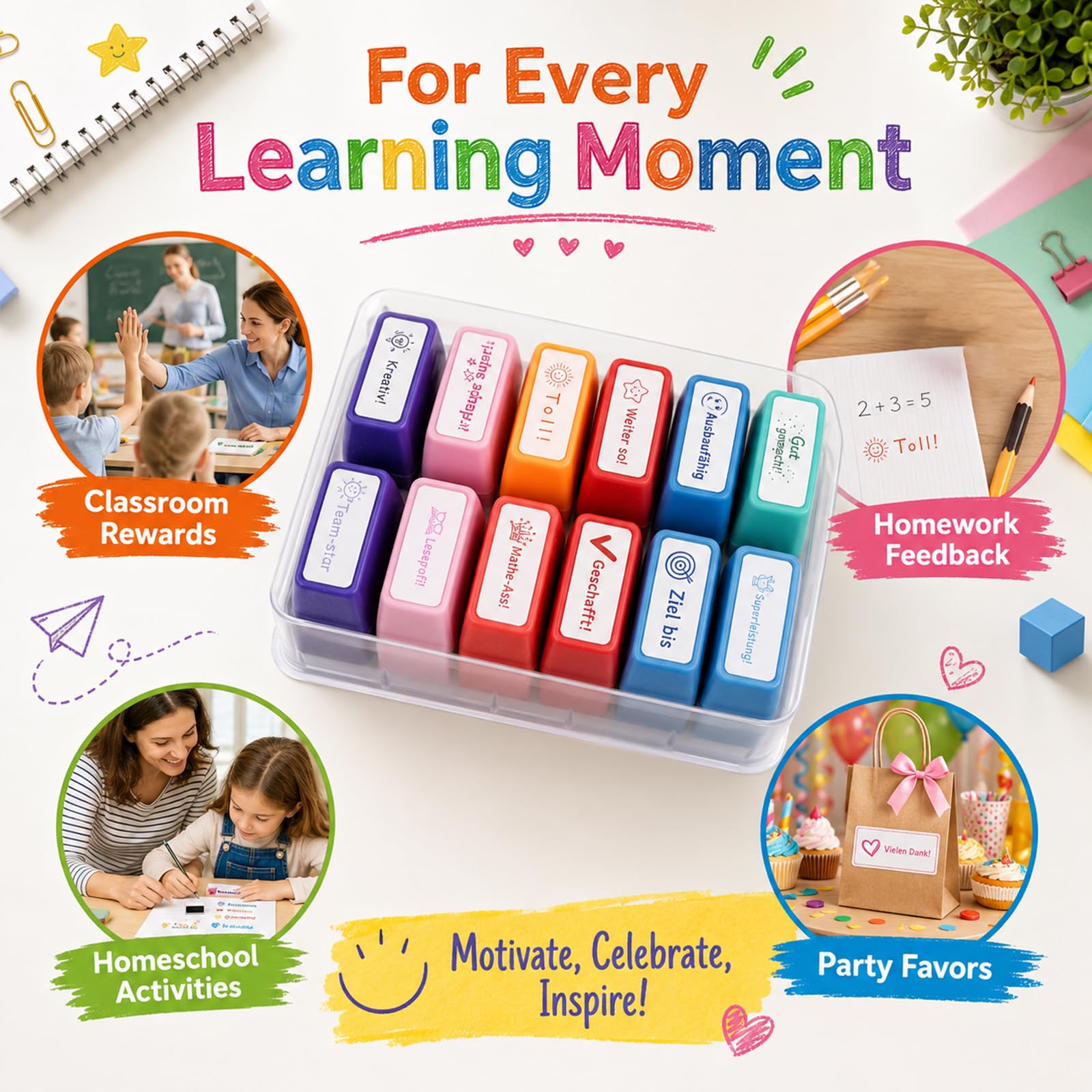 Set di 12 timbri motivazionali per insegnanti, per bambini, scuola e scuola domestica, timbri colorati per insegnanti e insegnanti