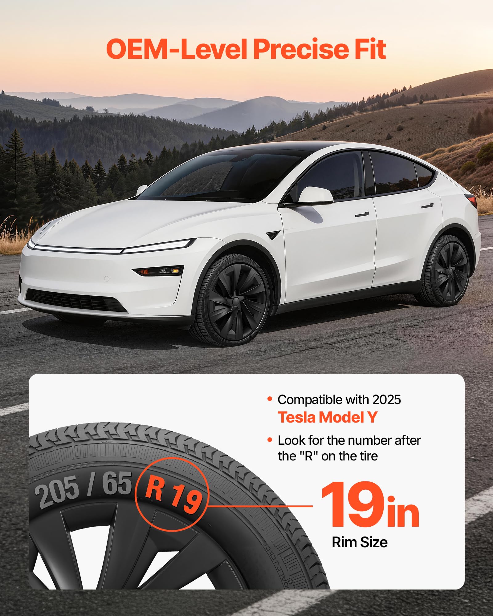 VEVOR Enjoliveurs Auto Compatible avec Tesla Model Y 2025, Cap de Roue 4 Pièces, Remplacement pour Jante R19 de 48,3 cm Protection des Roues, 10 Rayons, en ABS, Fixation par Clipsage, Noir Mat