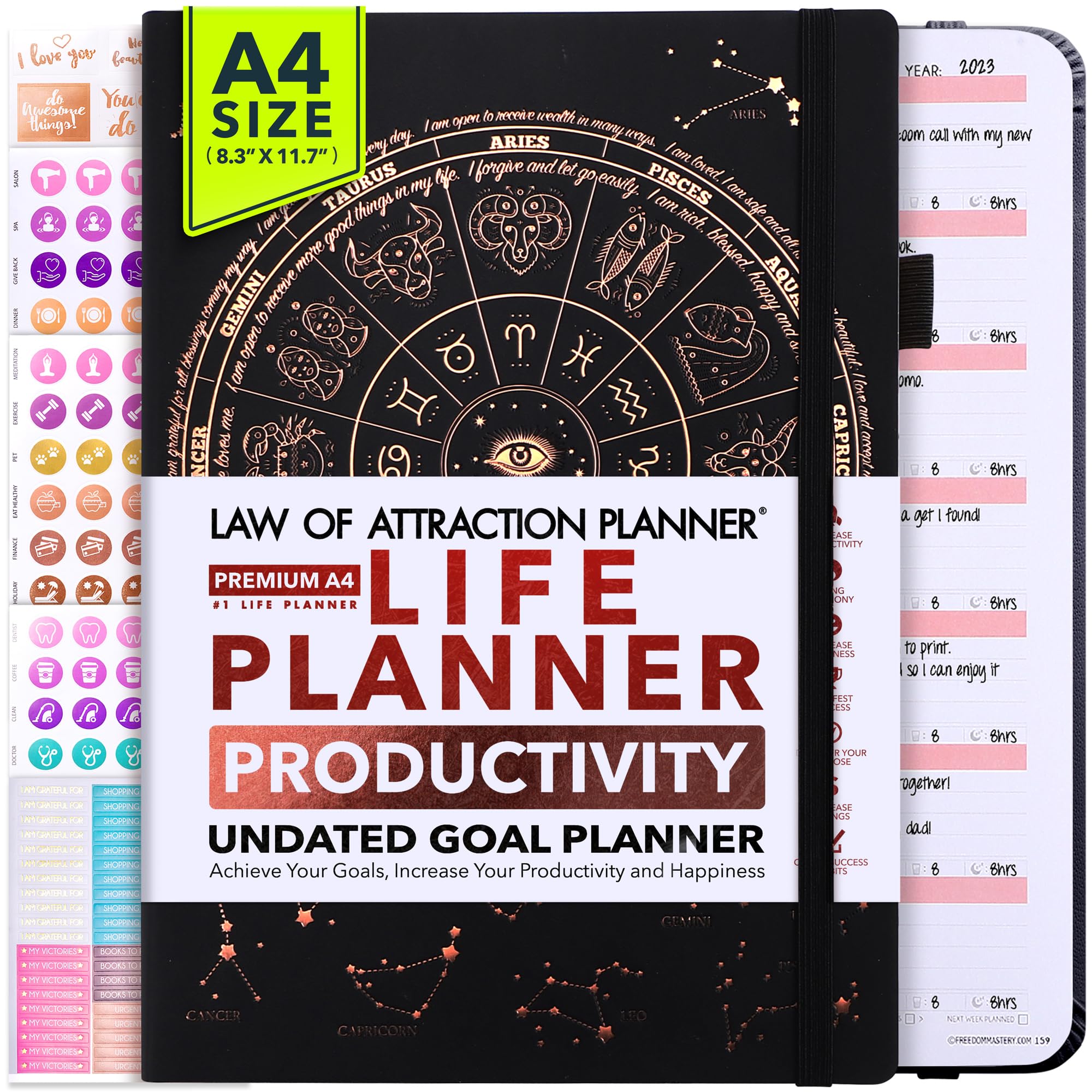 Life Planner - Undated Weekly & Monthly Planner, 12-Month Journey to Increase Productivity | Gratitude Journal, Life Organizer & Goal Journal | Include Foldable Vision Board, Habit Tracker & Stickers