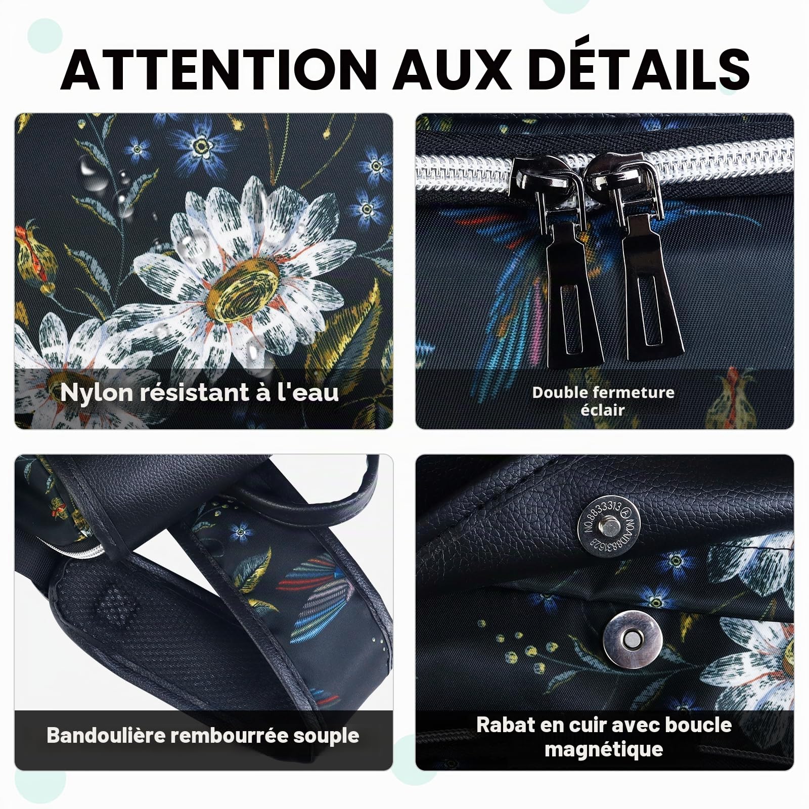 Fmeida Sac à Dos Femme Anti-vol Imperméable Sac de Voyage en Nylon 2 en 1 Sacs à Main Petit Sacs D'école Elegant Sacs à Bandoulière pour Fille École Collèges Shopping Travail