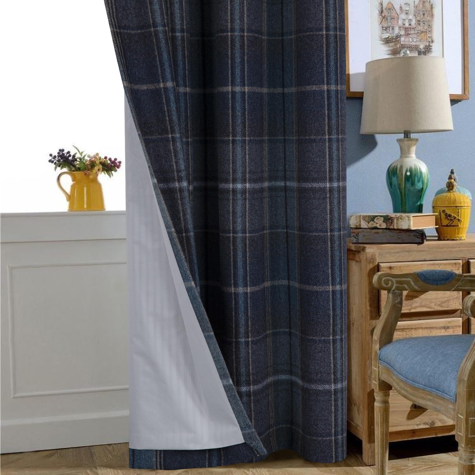 always4u 100% Blackout Curtains Check Eyelet Bedroom Tartan Curtain Plaid Brushed Cheque Pair of Highland Woolen Look Window Treatment for Living Room Navy Blue 46 * 90 Inches - Image 4