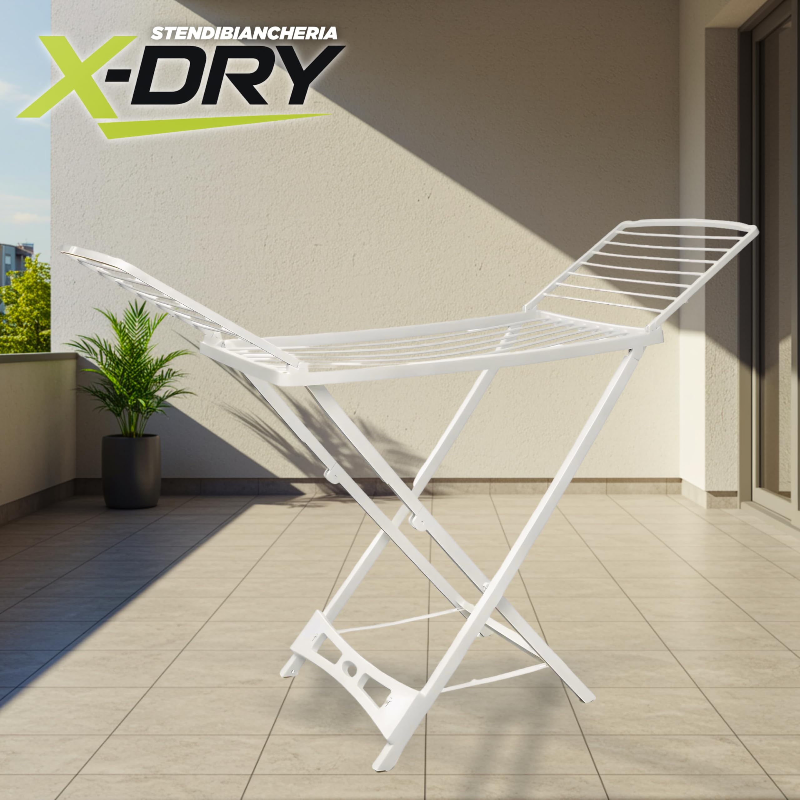 X-DRY Stendibiancheria da Pavimento, Stendino a Cavalletto, da Esterno e Interno, Richiudibile, Spazio di Stenditura 20 mt, in Resina 100%, 173 x 55 x 130h cm, Made in Italy.