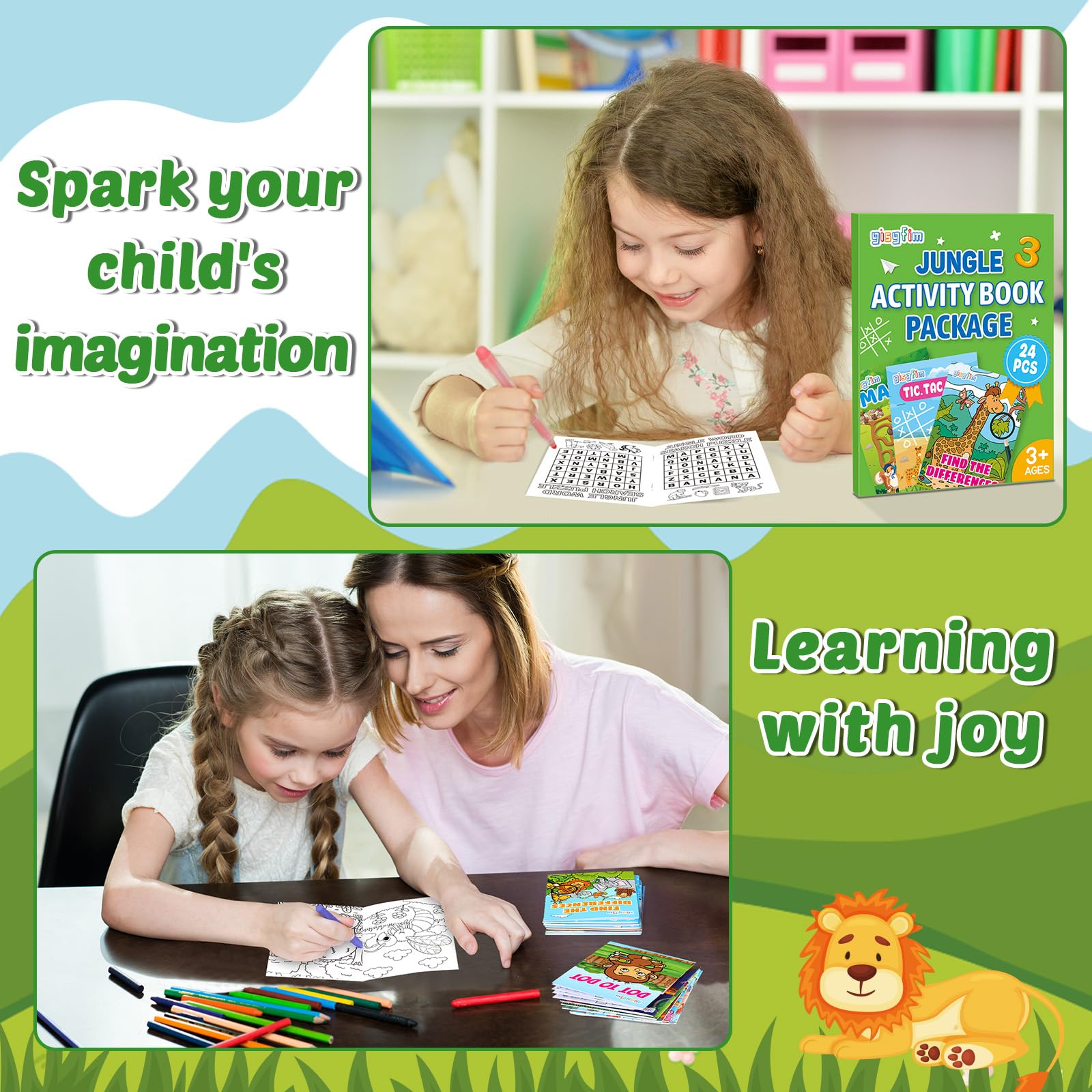gisgfim Confezione da 96 mini libri da colorare Safari per bambini dai 4 ai 12 anni, gioco di puzzle animali della giungla, labirinto, ricerca di parole da punto a punto, per compleanno, ricompense in