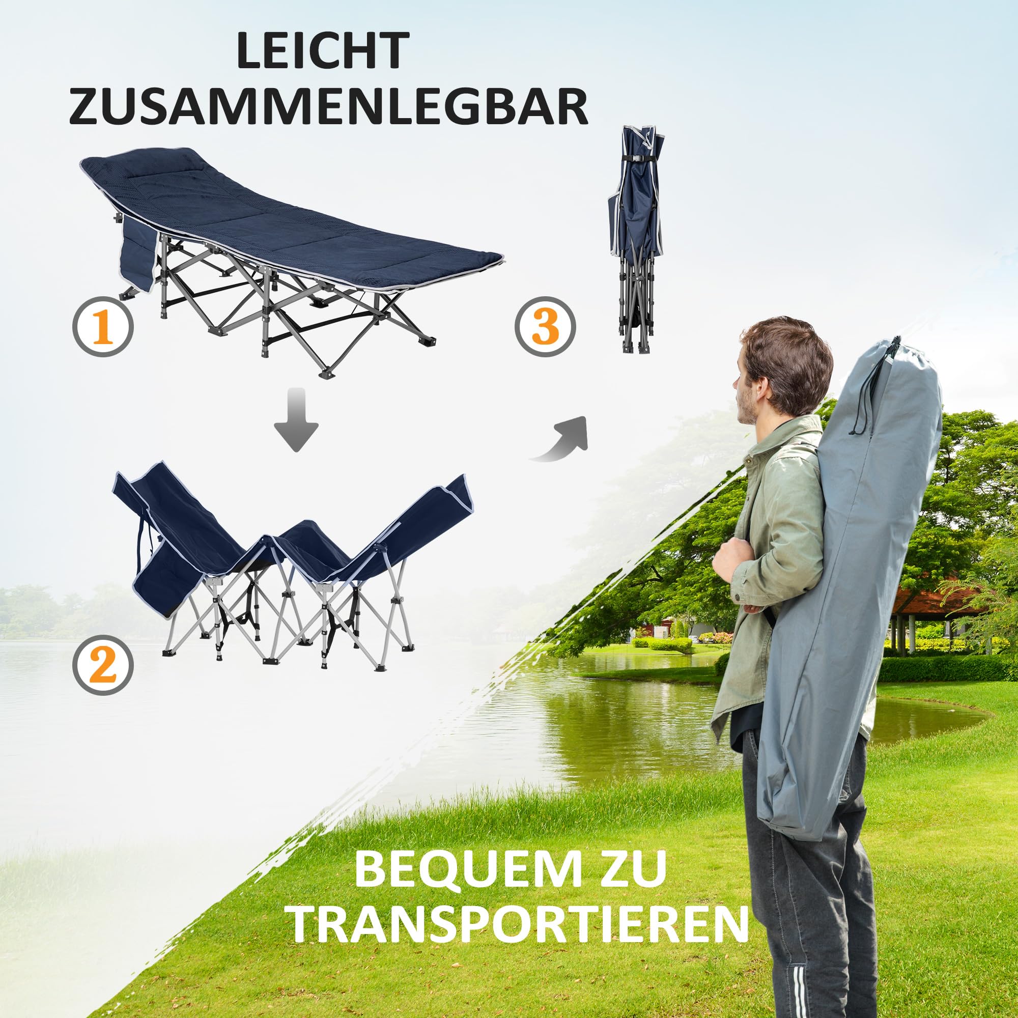 Outsunny Lit de camping pliable Lit de camp pliable avec oreiller Poche latérale Matelas Lit d'invité pouvant supporter jusqu'à 150 kg Voyage Outdoor Oxford bleu foncé 188 x 64,5 x 53 cm