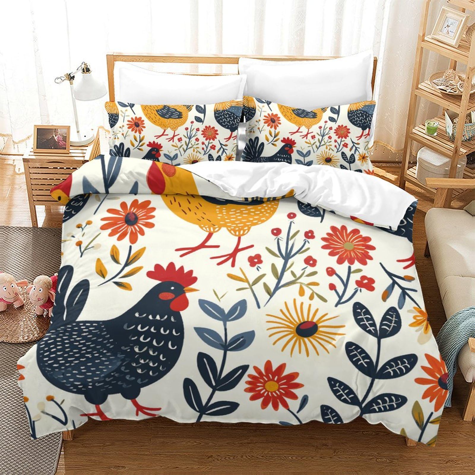 Housse de couette poussins 3D en microfibre 220x240cm avec taies d'oreiller pour lit King