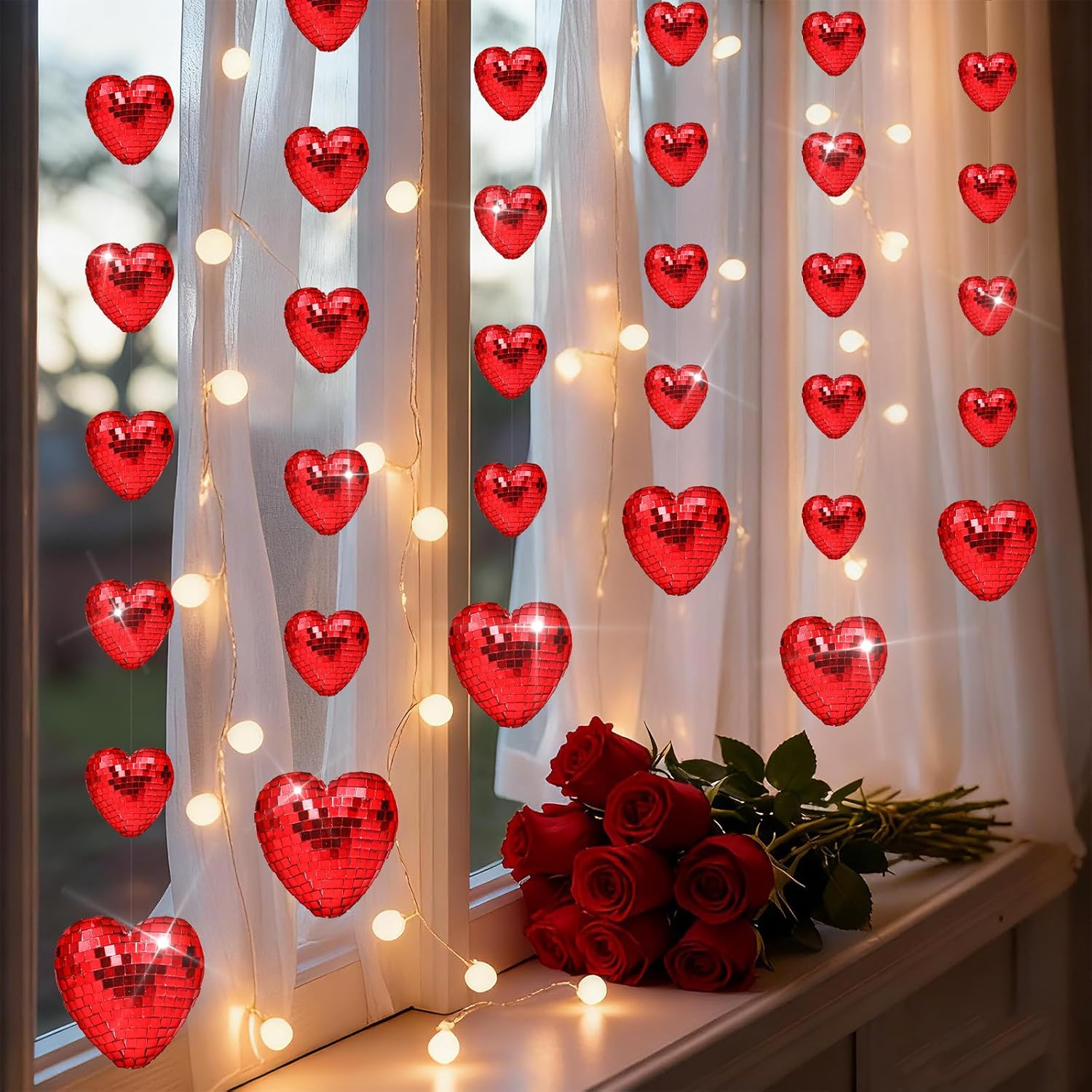 6 Pcs 4.9 ft Red Disco Heart Garland Decorations 3D Disco Heart Garland Mirror Glitter Hanging Banner Backdrop Reflective Decor for Wedding Birthday Bridal Shower Anniversary Party Decor