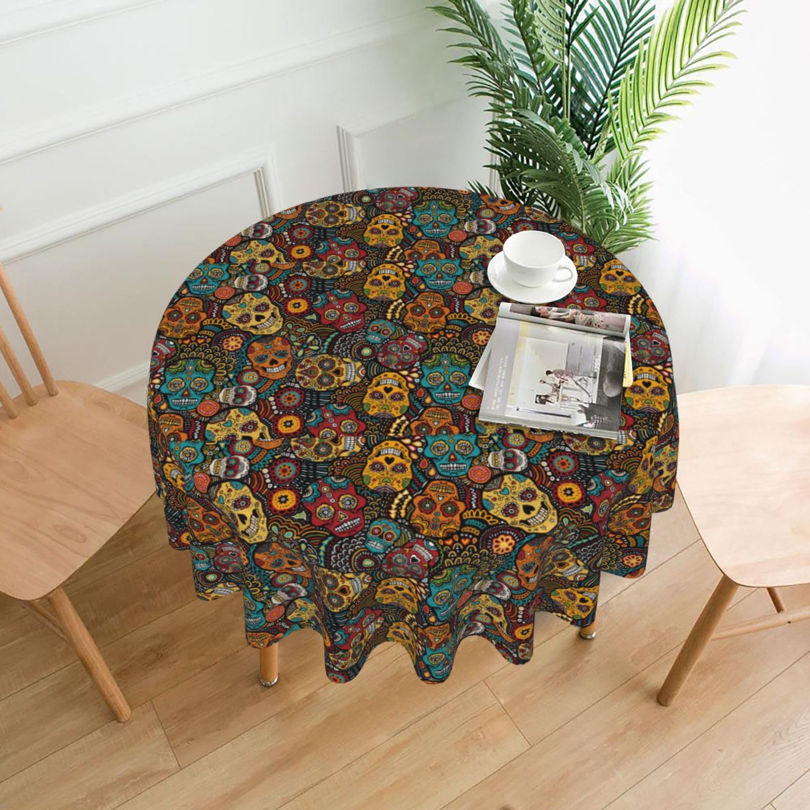 VCzsdff Sugar and Skulls Style Print Stain Resistant Round Tablecloth 60in Family Friendly Polyester Cloth for Kids Meals