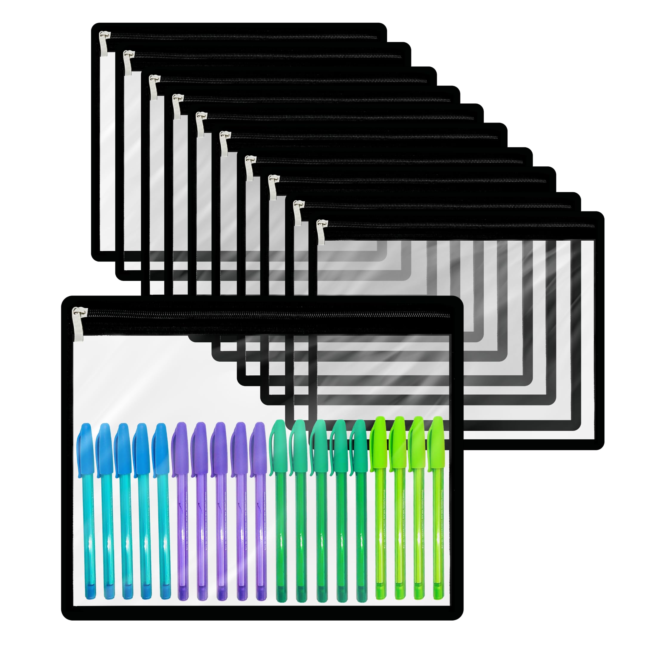 Confezione da 10 sacchetti trasparenti con cerniera, in PVC, multiuso, per organizzare documenti, forniture per ufficio (nero, 33 x 25 cm)