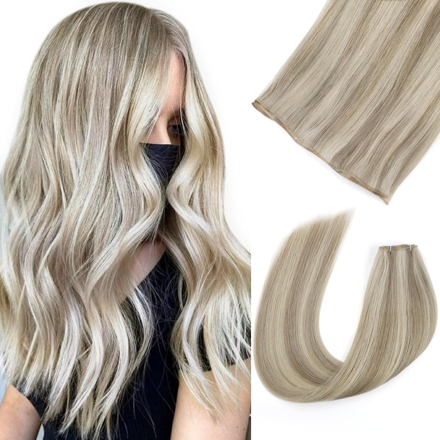 ABH AMAZINGBEAUTY HAIR Genius Weft Hair Extensions Human Hair Sew in Hair Extensions Real Human Hair Weft Extensions 60G, Ash Blonde Highlight Bleach Blonde #P18A/60A, 22 Inch