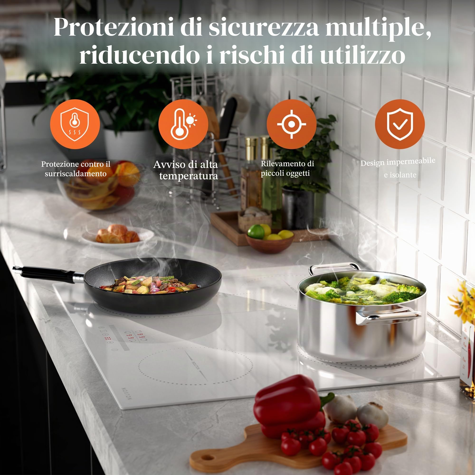 NOXTON Piastra a induzione bianca, 4 fuochi, 60 cm, zona flessibile | Funzione Boost, comandi scorrevoli, funzione di isolamento termico, cronometro, 60 cm, 3500 W, con spina