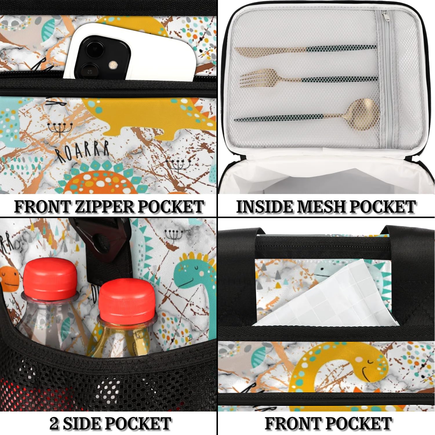 Bunte süße Dinosaurier-Lunch-Tasche für Erwachsene, Herren, Damen, Kinder, Mädchen, Jungen, Dinosaurier-Marmor, isolierte Lunchbox, Kühltasche, Kühltasche, Kühltasche, Kühltasche, Kühltasche, für