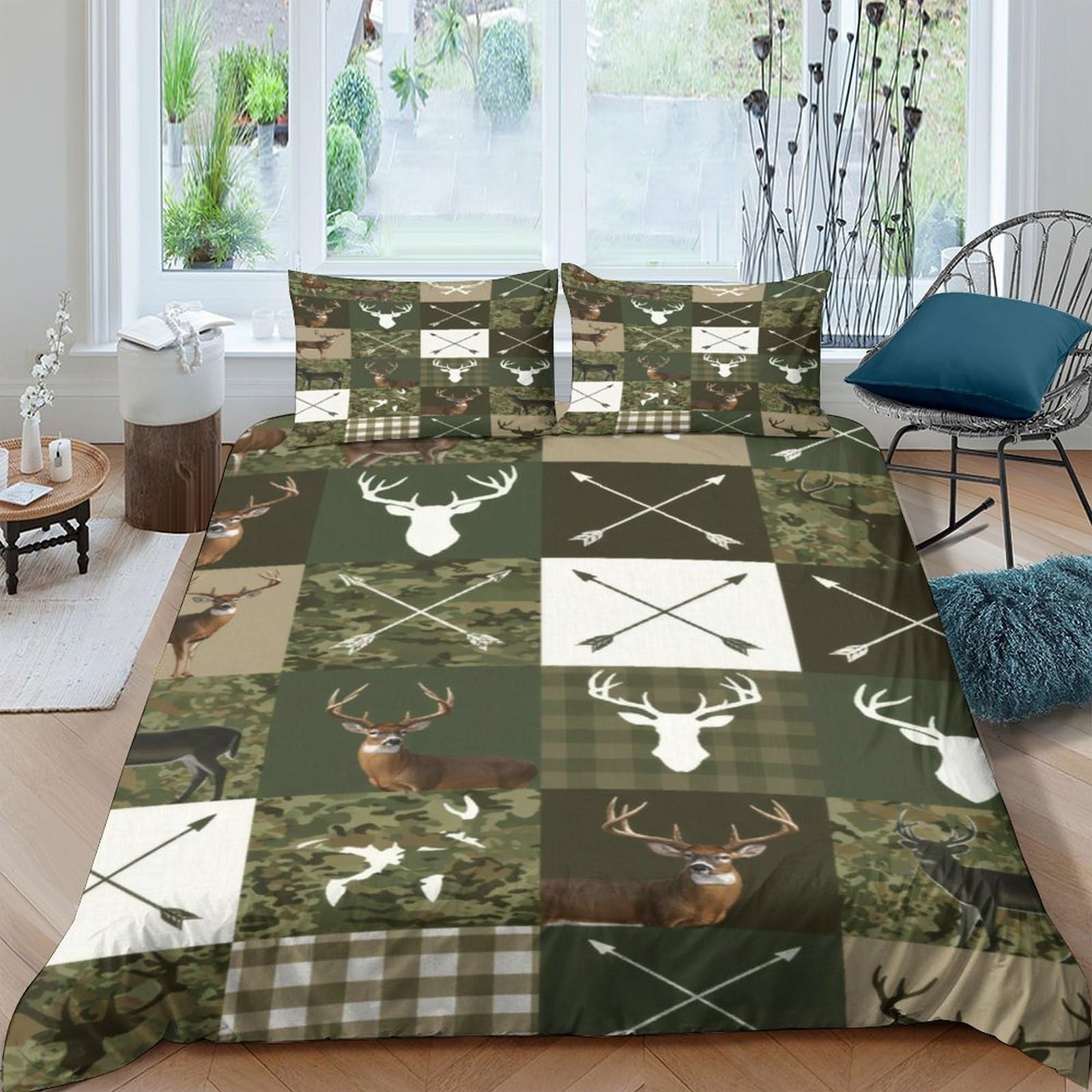 Ctjqhvkz Style-6 3D Printed Forest Deer Fitted Sheet Microfiber Soft Green Plaid Woodland Mattress Cover For Bedroom Guest Room Decor Single（135X200cm）
