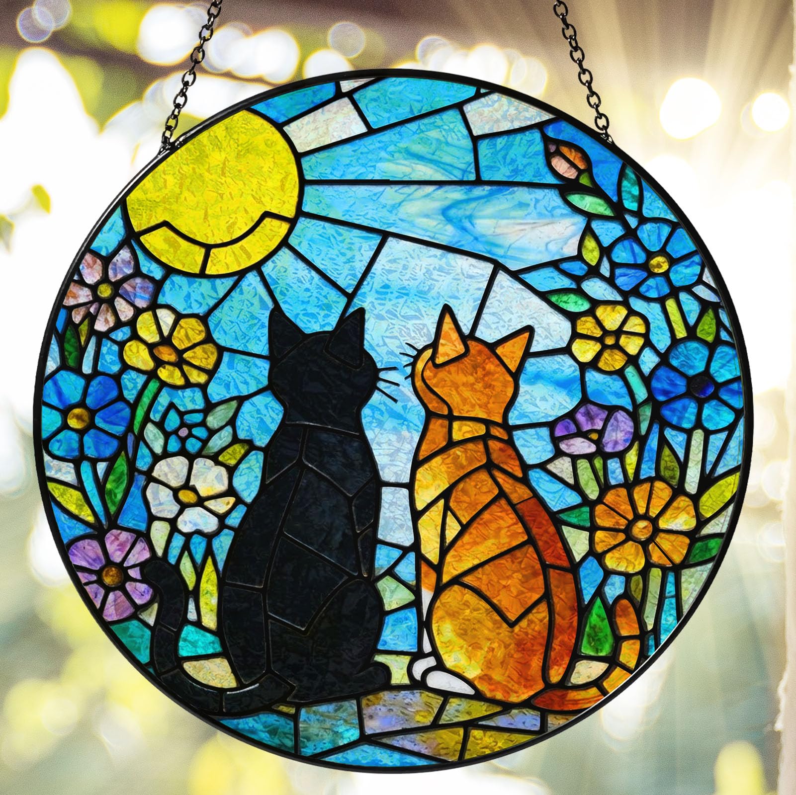 Adorable atrapasueños de vidrio de colores negro y naranja con luna, decoración colgante de ventana temática de jardín, atrapasueños de 7.87 pulgadas, ventana interior, para amantes de los