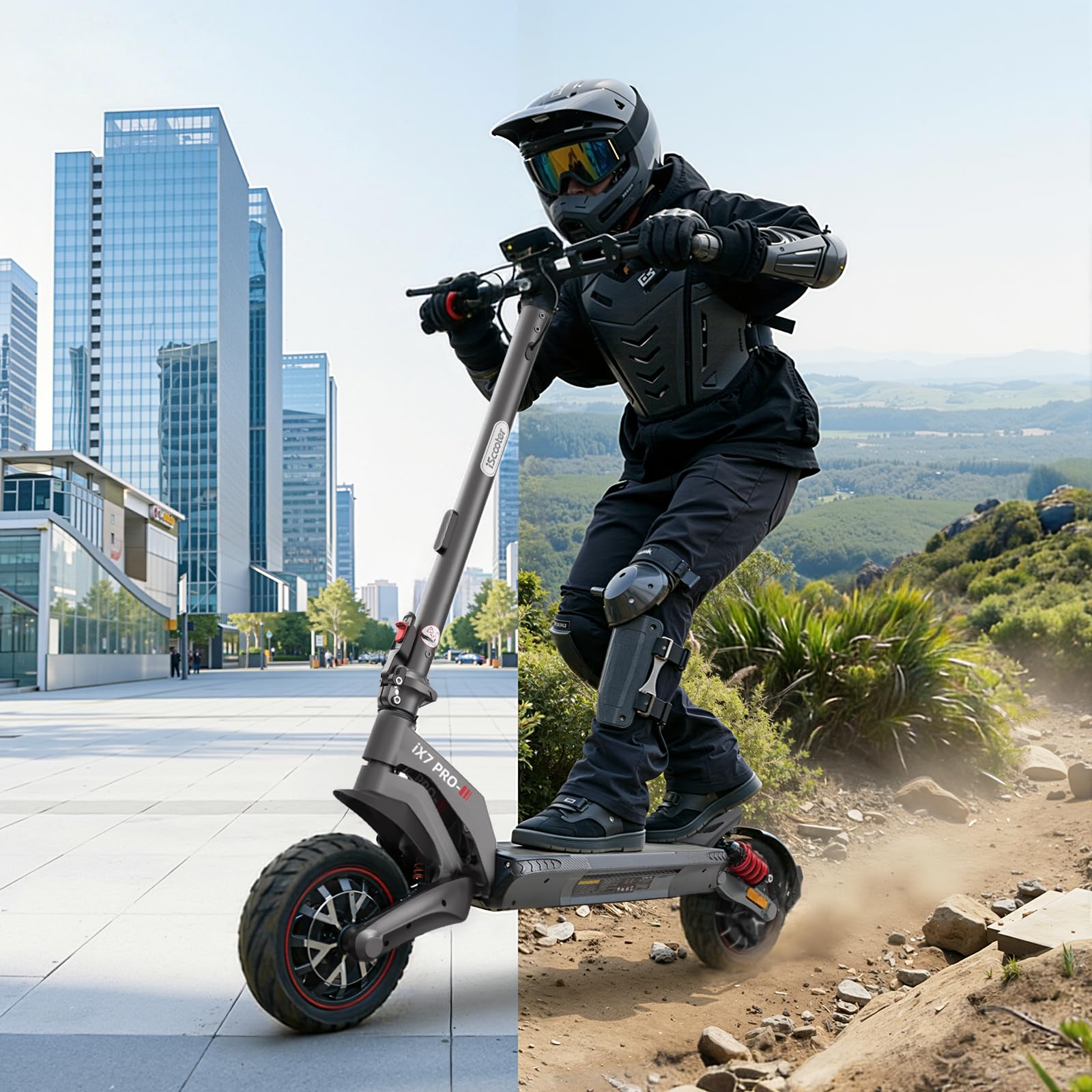 iScooter Patinete eléctrico Todoterreno iX7Pro, 500W*2 Doble Motor, Homologado DGT, 15AH Batería, Autonomía 55-60KM, Cerradura Electrónica, Smart App, Carga 150 kg, 4 Modos de Velocidad 10"