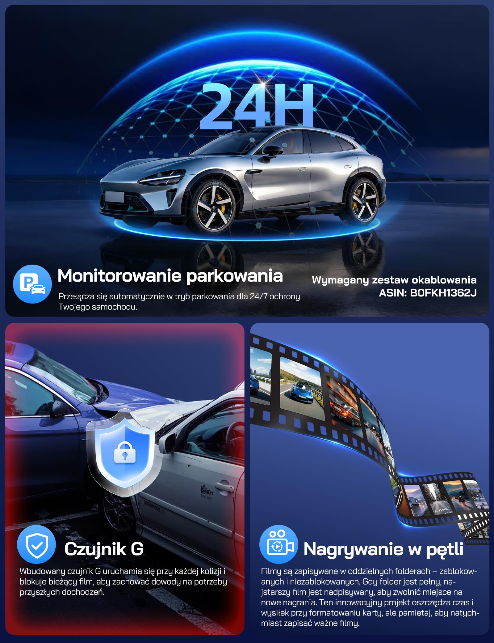 WOLFANG Kamera samochodowa 4K 3-kanałowa z matrycą 3,19" IPS, superwidocznością w nocy, nagrywaniem w pętli, czujnikiem G, szerokim kątem widzenia 170°, ochroną parkingową, sterowaniem przez aplikację