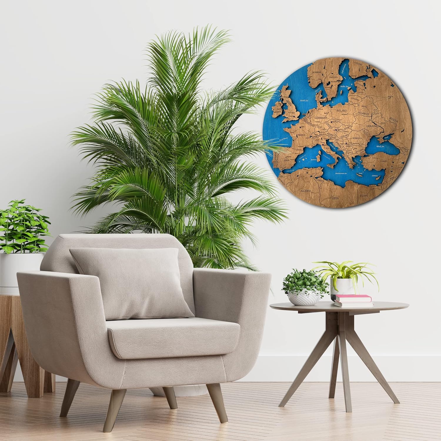 Handmade 3D Carved Wooden Map of Europe with Borders and Capitals Wall