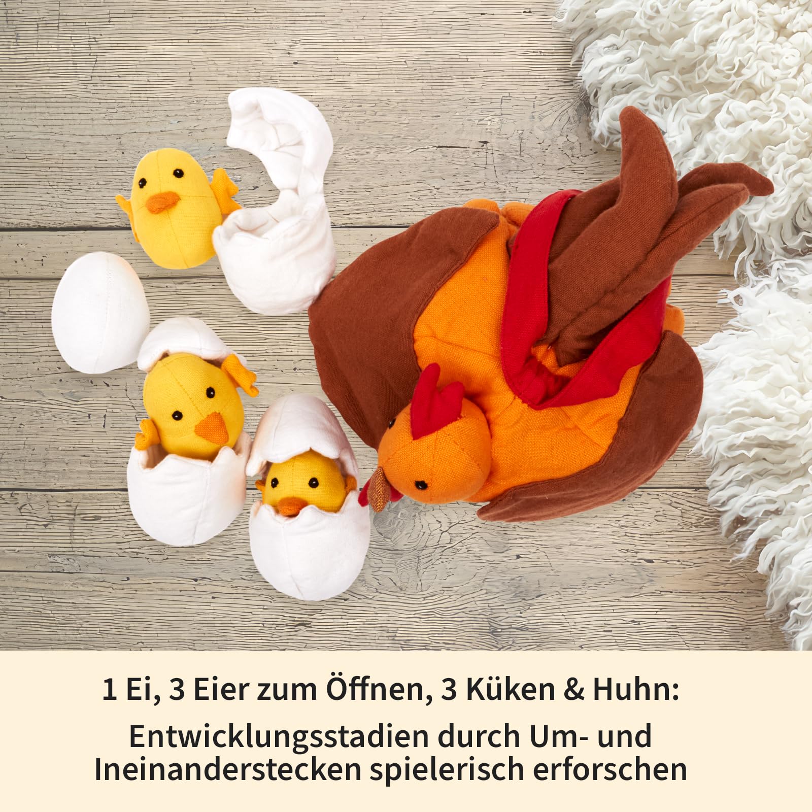 Hagemann Stoffmodell Lebenszyklus Huhn mit Küken – Set, 8-teilig, Außenstoff Fairtrade Bio-Baumwolle | 3 Eier zum Öffnen und Herausnehmen der Küken, Küken & Huhn steckbar | Pädagogisches Lernspielzeug