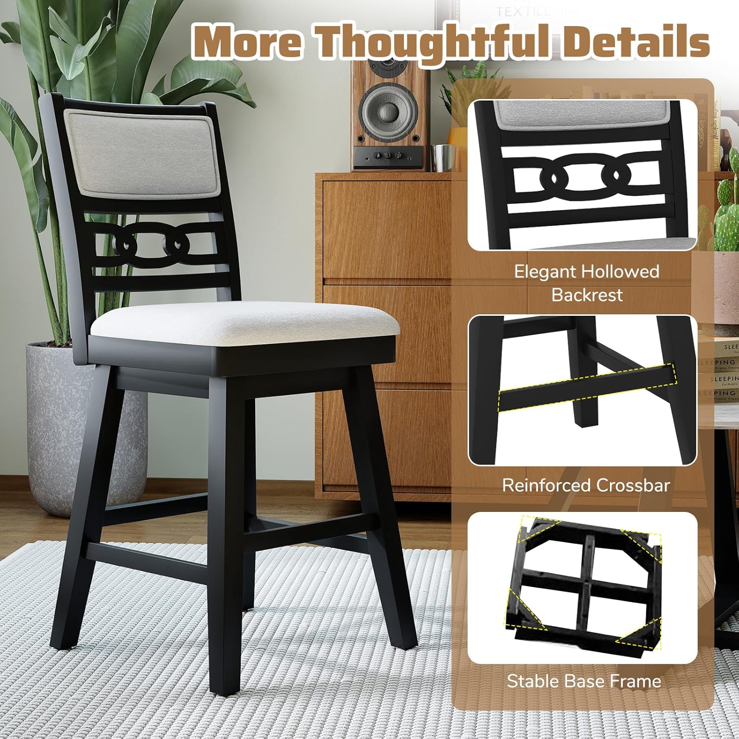 Giantex 25" Bar Stools Set of 2, Modern Counter Height Tall Chairs w/Padded & Hollowed Backs, Rubber Wood Frame, 360° Swivel Upholstered Barstools for Kitchen Island, Pub, Cafe