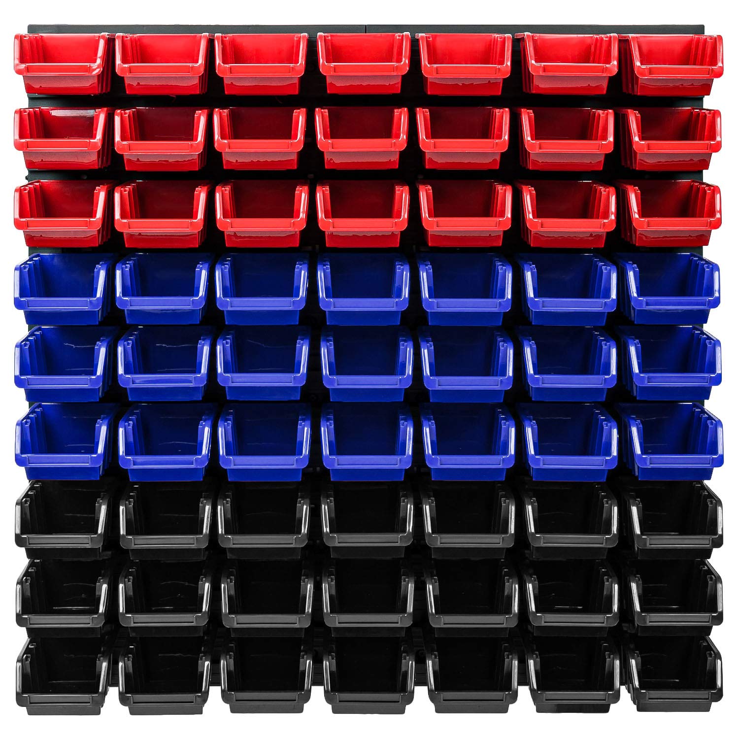 PAFEN Wandregal Stapelboxen Lagersystem - 772 x 780 mm – 63 Stück Boxen Werkstatt Schüttenregal Werkzeuglochwand (Rot/Blau/Schwarz)