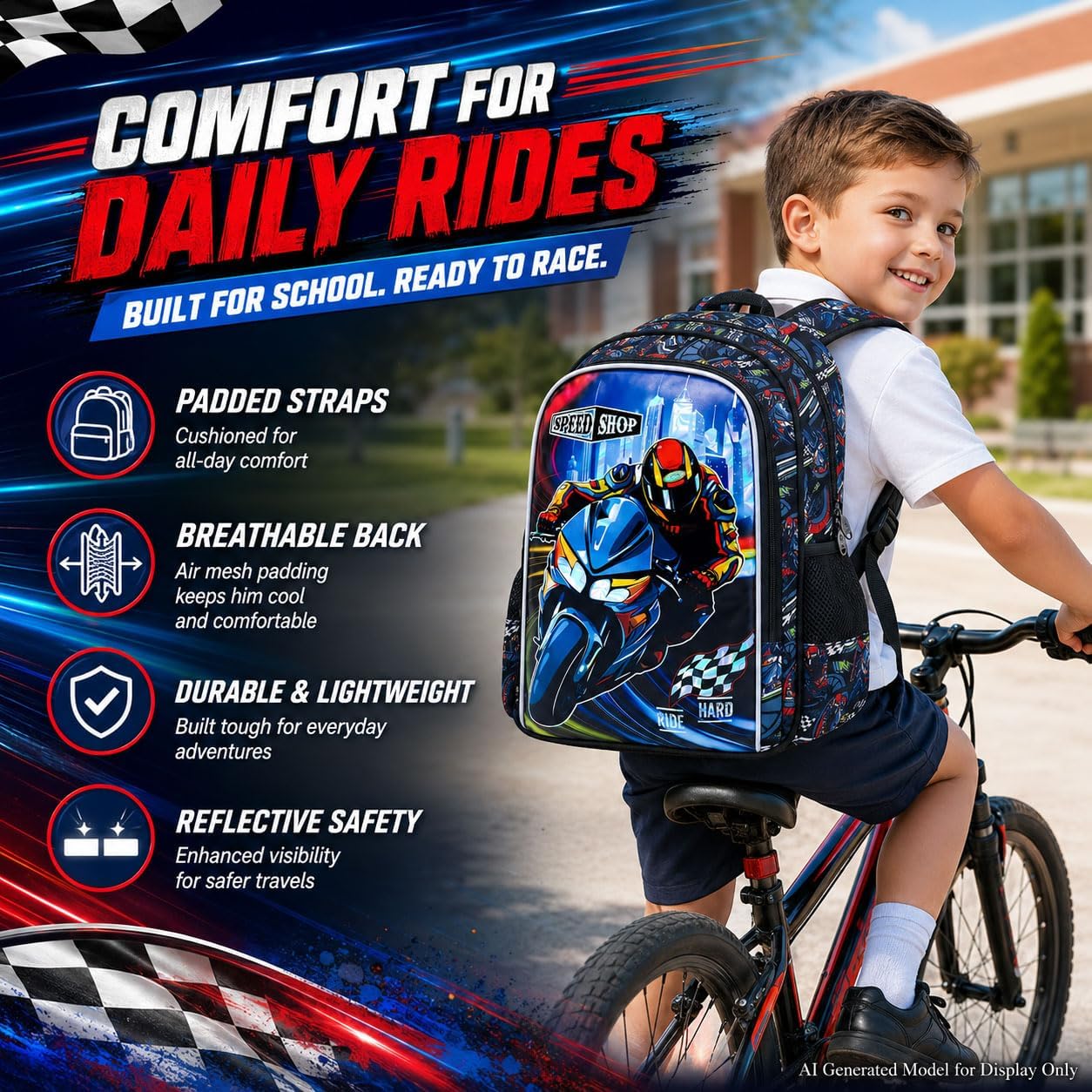 HPJGD 3PCS Boys Motocycle Backpack, Water Resistant Kids Bookbag Set with Lunch Box, Cute School Bag for Preschool Toddler image 5