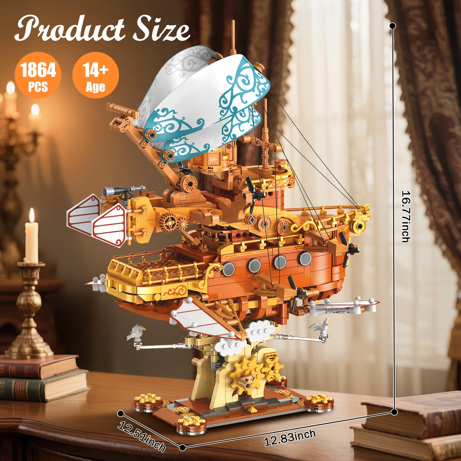 Brihappen Steampunk Spaceship Building Blocks Set, Victoria Style Fantasy Ship Bricks Construction Model - Image 3