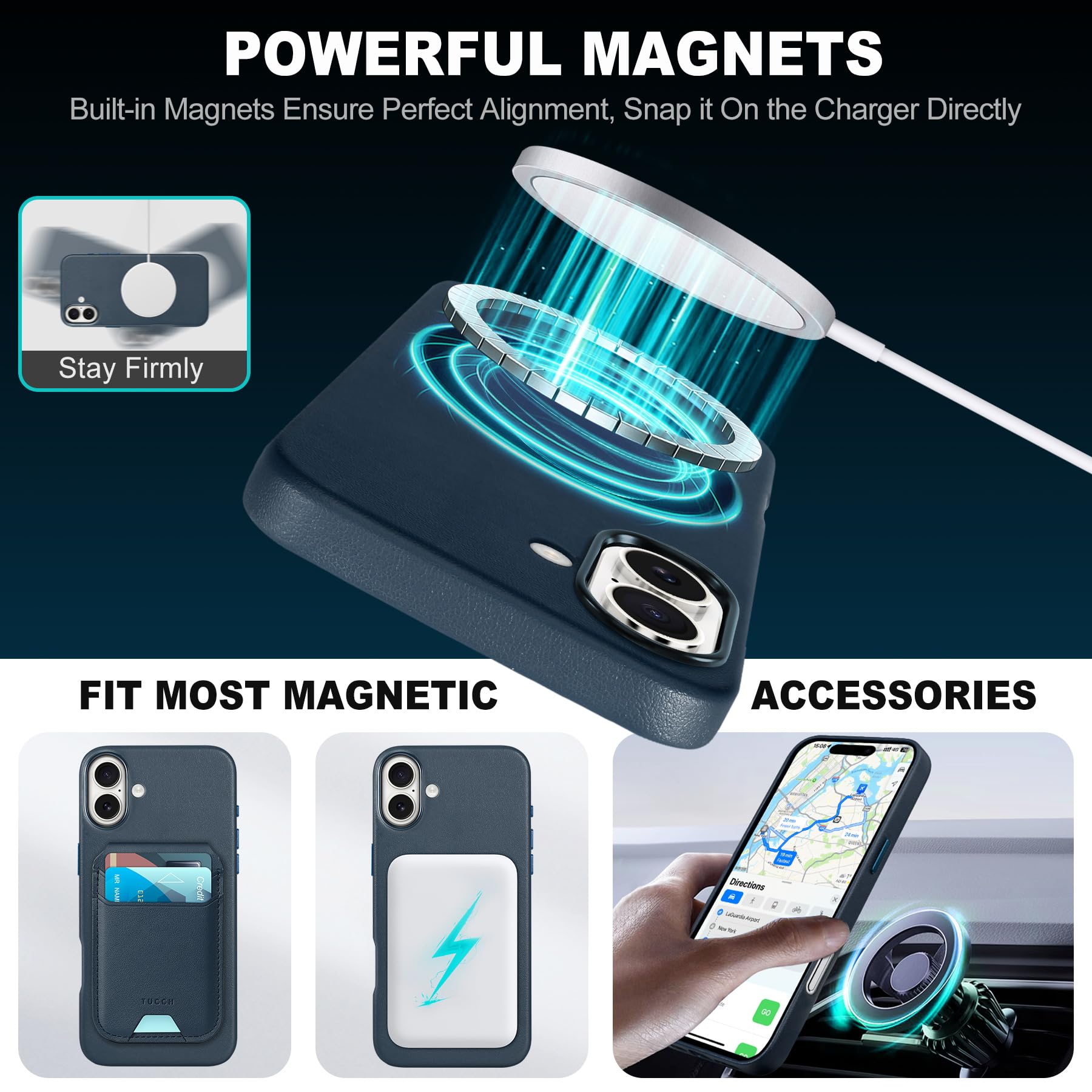 TUCCH Magnetyczne etui do iPhone 16 Plus (6,7") 2024, ochronne, lekkie | ze skóry PU, odporne na wstrząsy, antypoślizgowe etui na telefon, bezprzewodowe ładowanie, ochrona przed odciskami palców