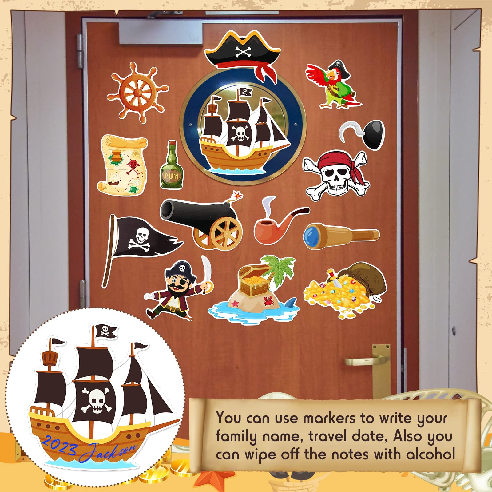 Sumind 15 Pcs Cruise Door Magnets Funny Car Magnets Ship Cruise Door Decorations Stickers Birthday Fridge Decor Decor for Carnival Refrigerator(Pirate)