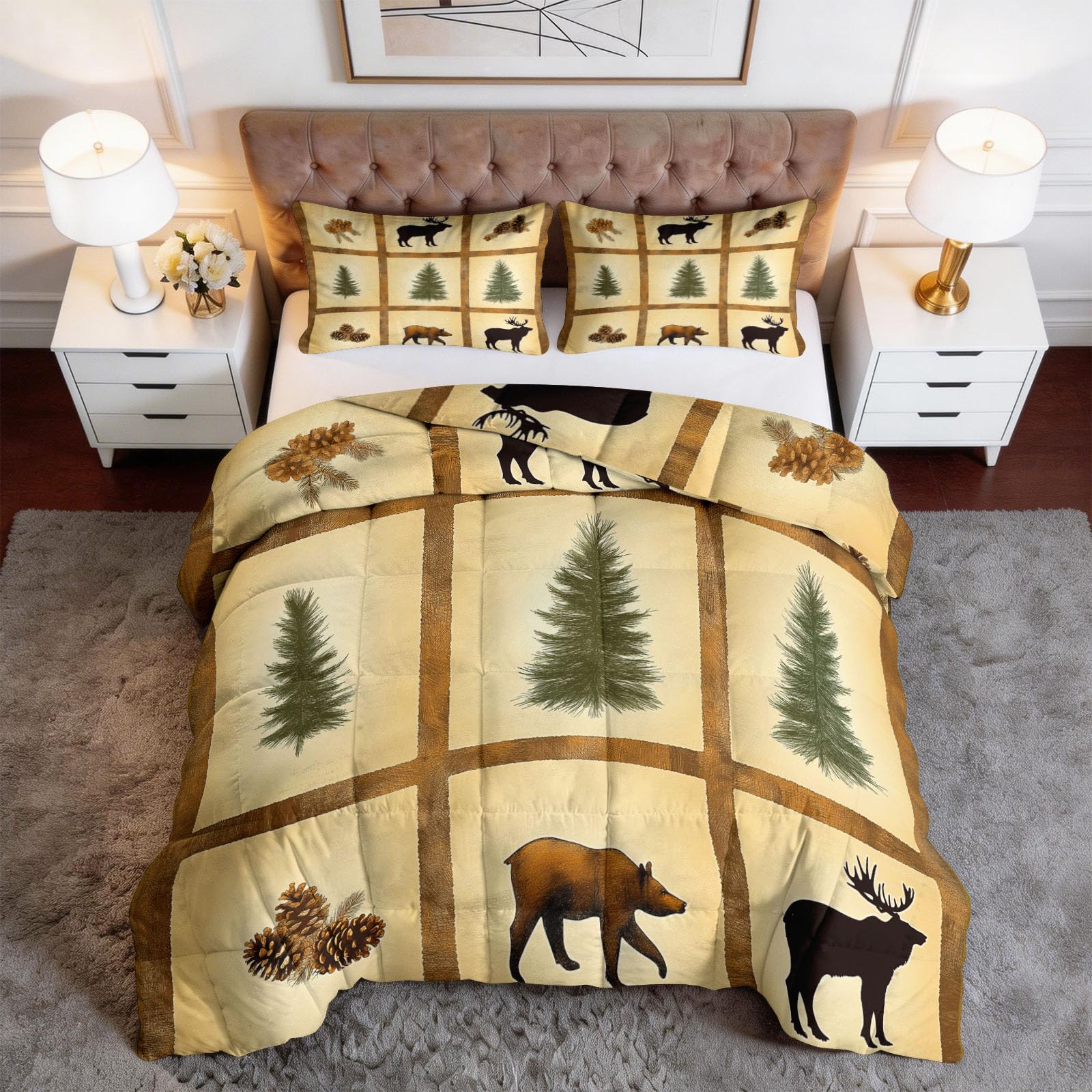 Forest Baldosas Pino Alce Suave Edredón Edredón 140 x 200 cm, Estilo Vintage Ligero Edredón para Cama - Lavable a máquina Caliente Manta 4 Estaciones Edredón para Niños Niñas Niños Adolescentes