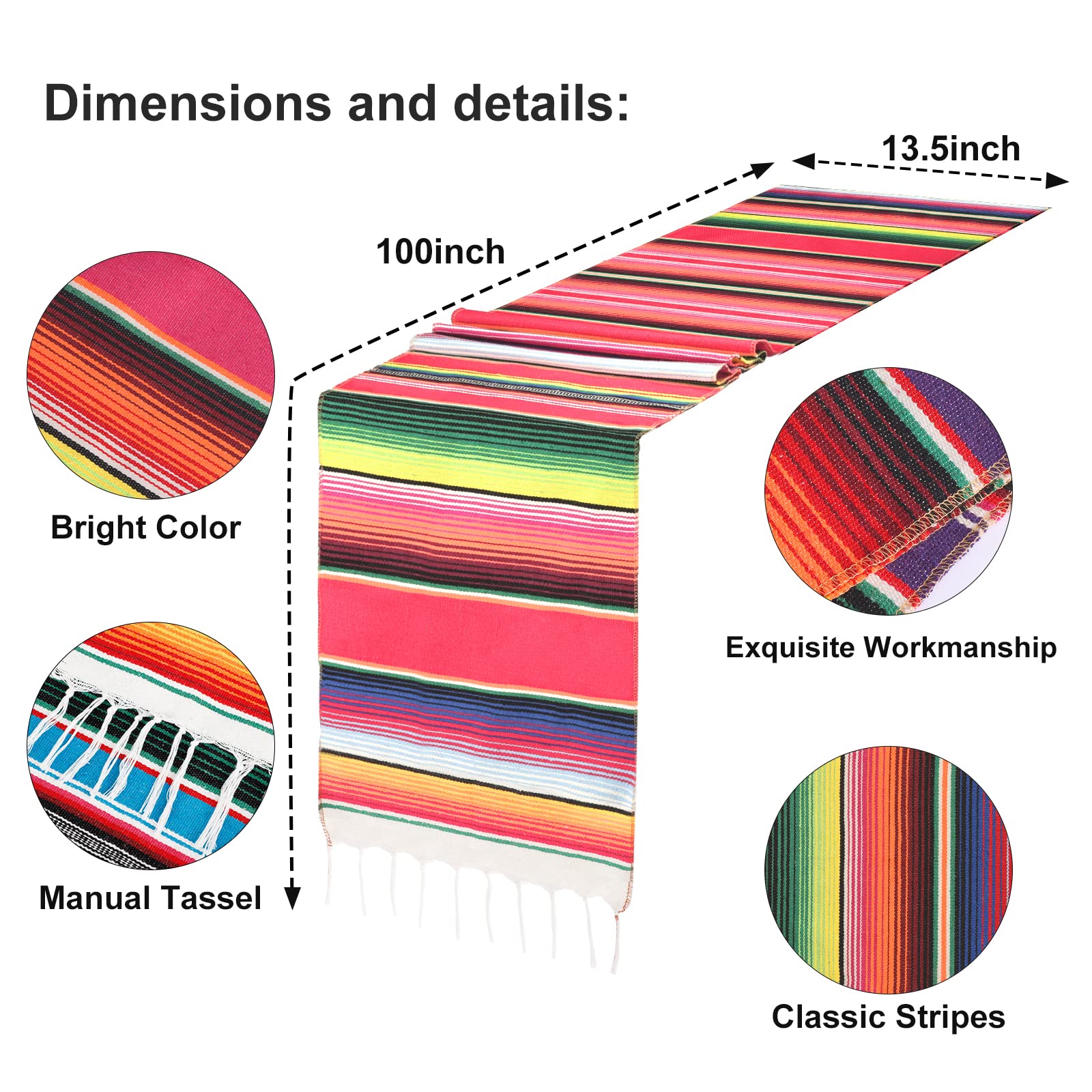 Holicolor 12 Pack Mexican Table Runners 13.5 x 100 Inch 4 Colors Serape Table Runner for Fiesta Mexican Theme Party Wedding Decorations (Pink Purple Red Blue)