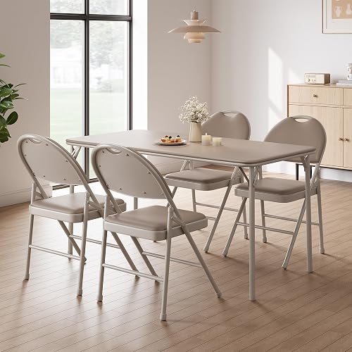coucheta 5-Piece Rectangle Folding Table and Chairs Set, Foldable Portable Card Table and Chairs, Scratch & Stain Resistant Tabletop, for Dining Room, Living Room, Office, Camping, Gatherings, Beige