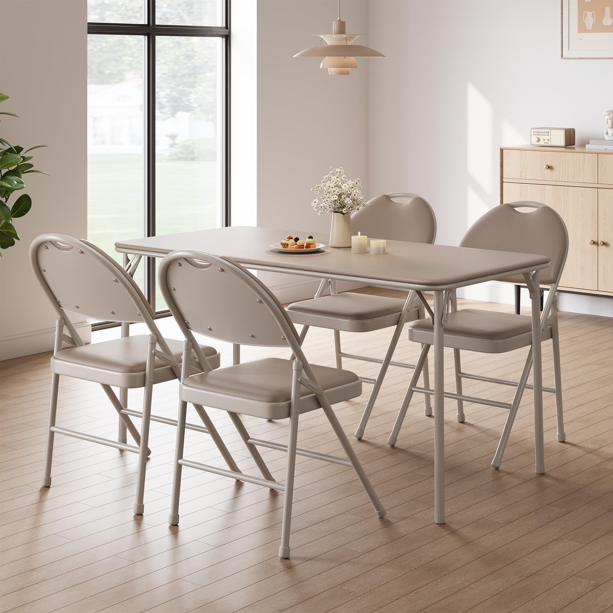 Sedie pieghevoli imbottite per sala da pranzo - struttura in metallo robusto - seduta in similpelle PU facile da pulire - schienale ergonomico - ideali per cucina, ufficio, eventi - Beige, 4