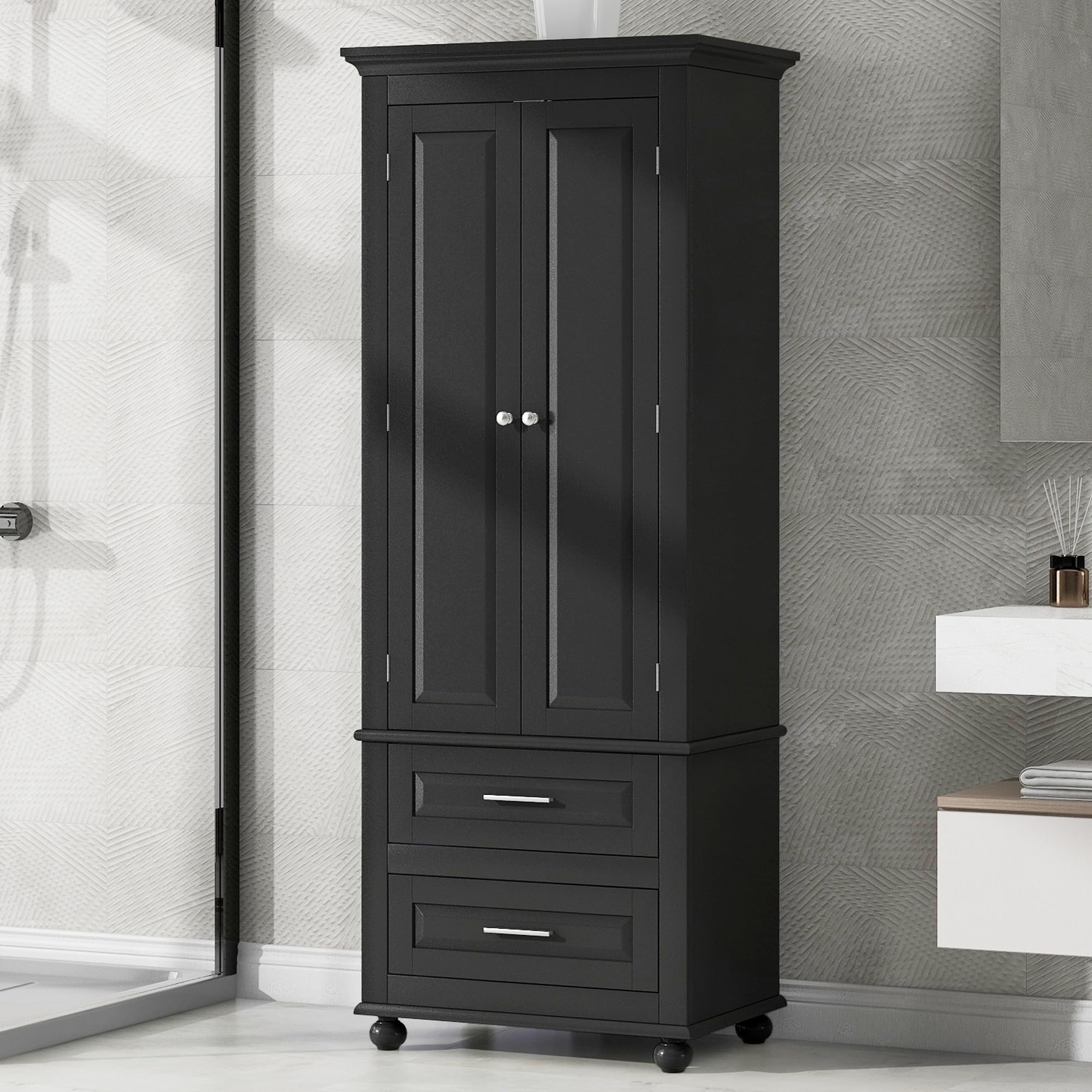 Harper & Bright Designs 62.5'' Tall Storage Cabinet with Two Drawers for Bathroom/Office, Black